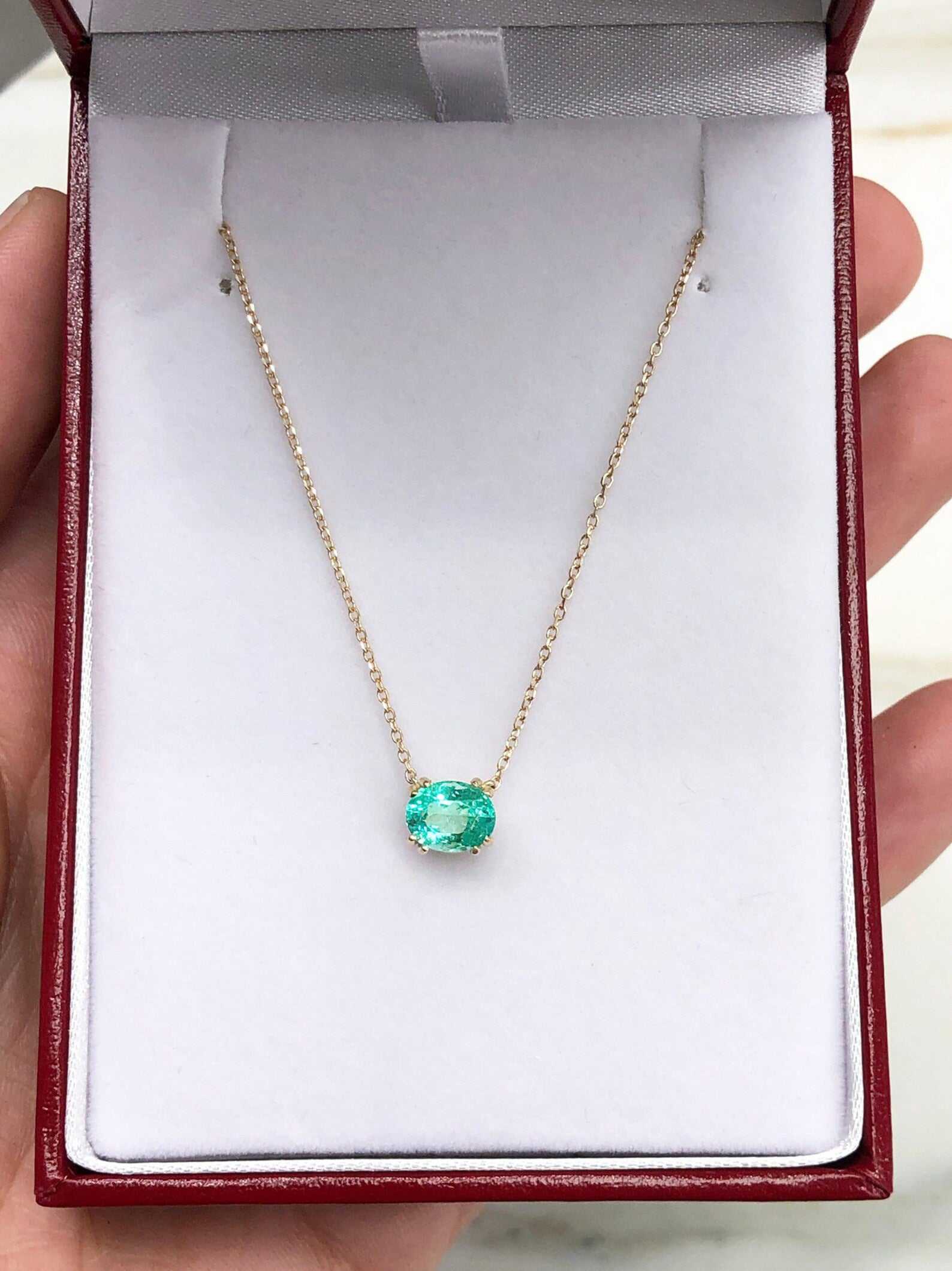 1.0 Carat East To West Transparent Clarity Zambian Emerald Necklace 14K