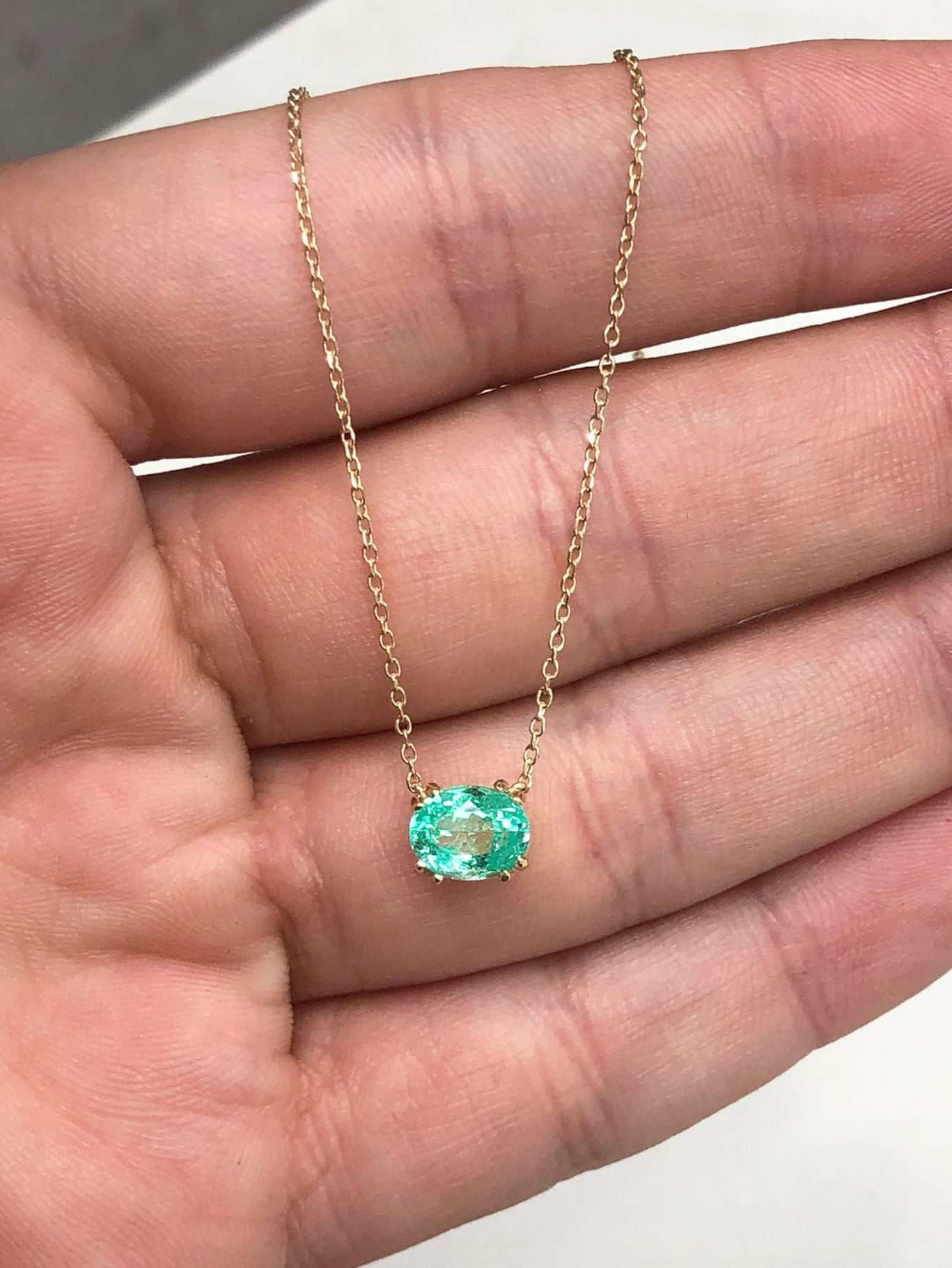 1.0 Carat East To West Transparent Clarity Zambian Emerald Necklace 14K