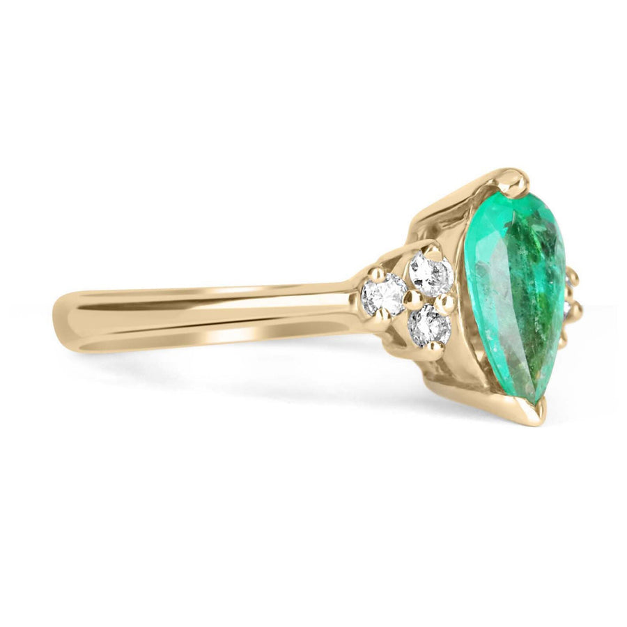 Dazzling Elegance: 1.30tcw Emerald & Diamond Pear Shape V-Prong Accent Ring - 14K Gold Brilliance