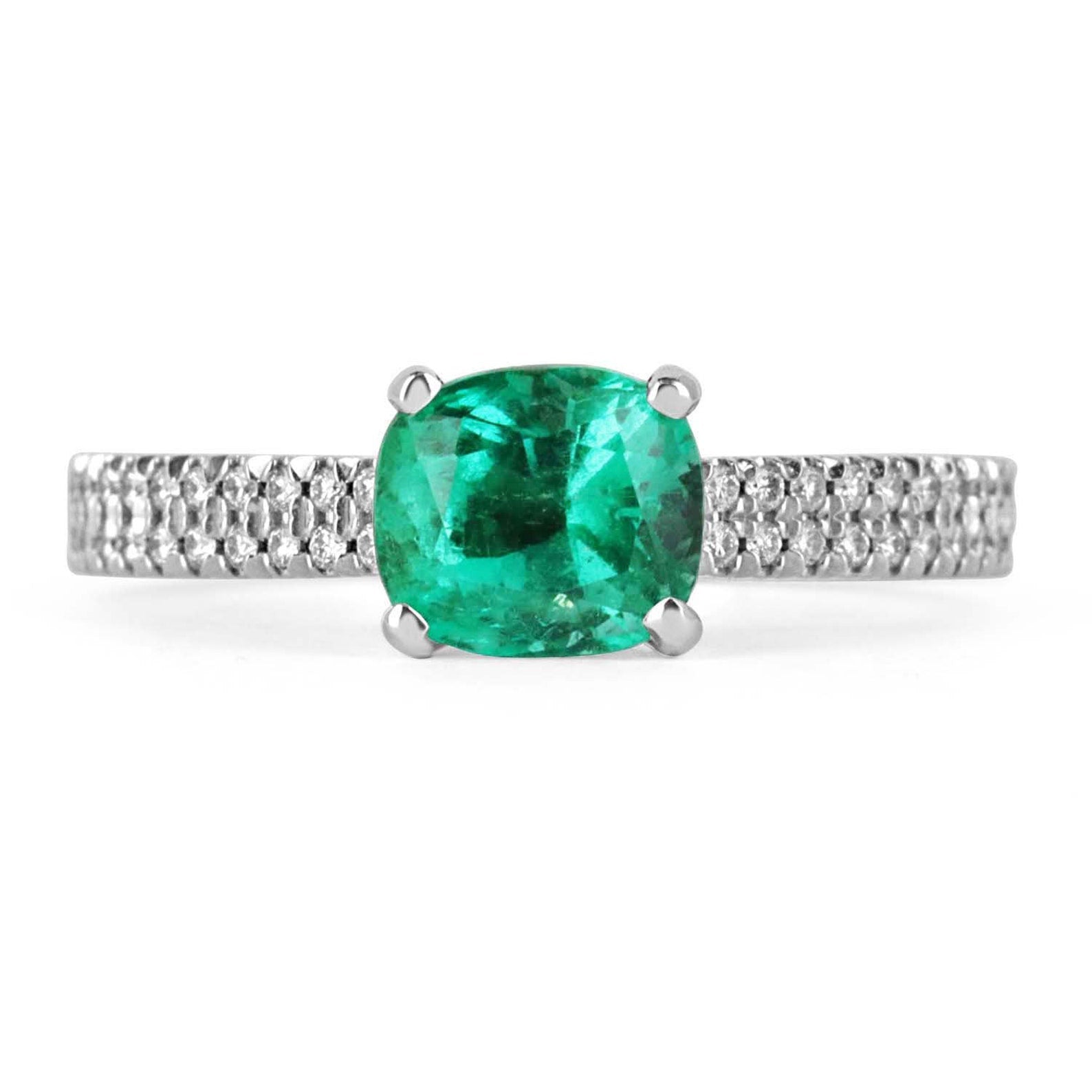 14K gold Colombian emerald engagement ring with a 1.75 carat cushion cut emerald, prong-set, from JR Colombian Emeralds.