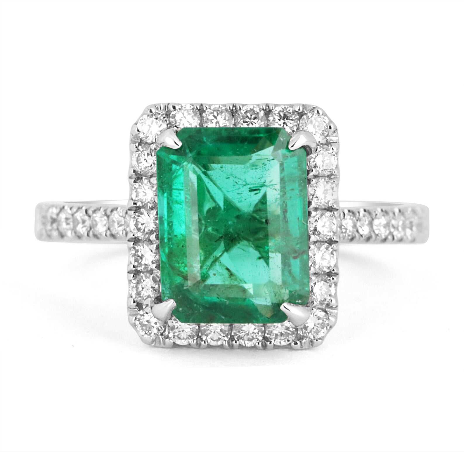 AAA emerald and diamond halo engagement ring with 2.20-carat emerald cut emerald and 18K white gold band