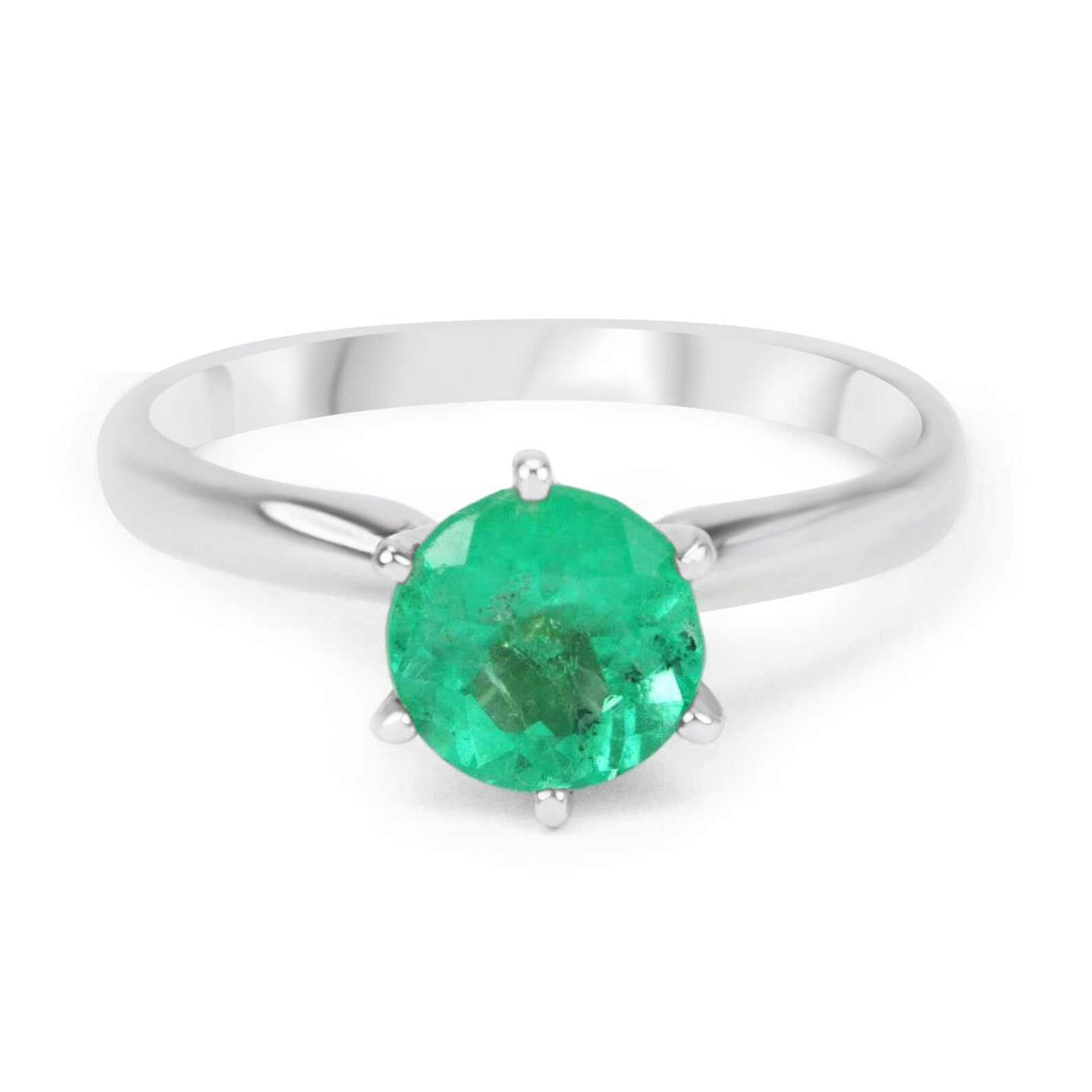 1.17 carat round cut emerald solitaire engagement ring in 14K white gold with six-prong Tiffany setting