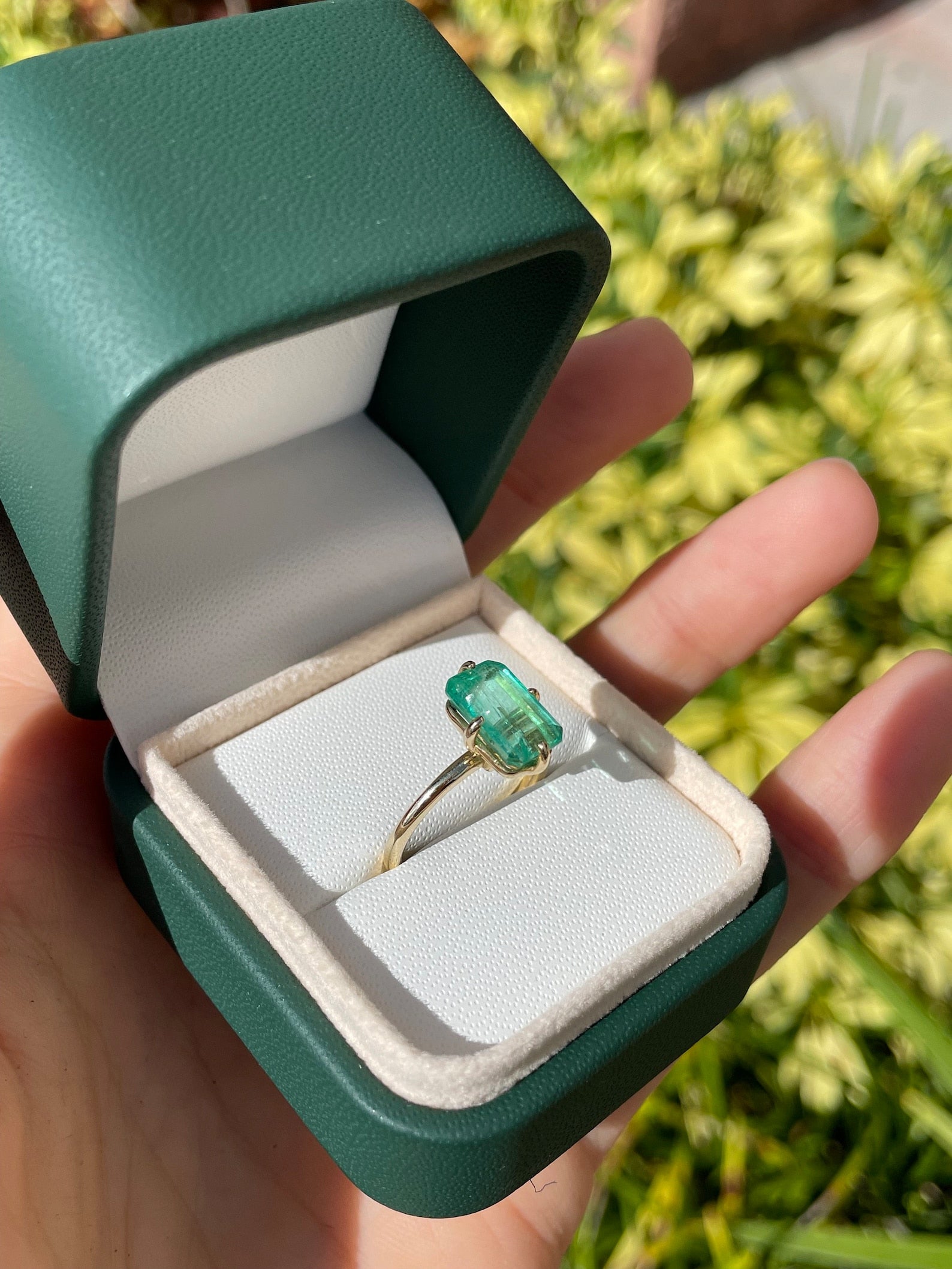 3.10 carat Colombian emerald solitaire engagement ring with compass design in 14K gold by JR Colombian Emeralds.