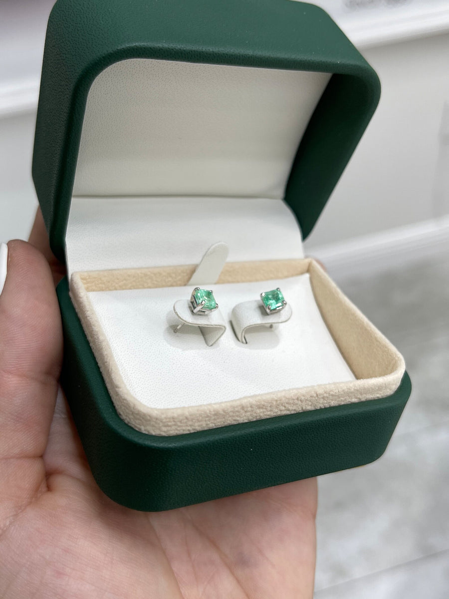1.0tcw Petite Asscher Medium Bright Real Emerald Classic Stud Earrings 14K Gold 