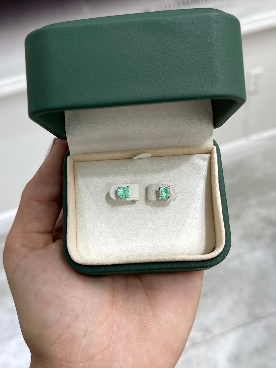 Petite Asscher 1.0tcw Medium Bright Real Emerald Classic Stud Earrings 14K Gold 