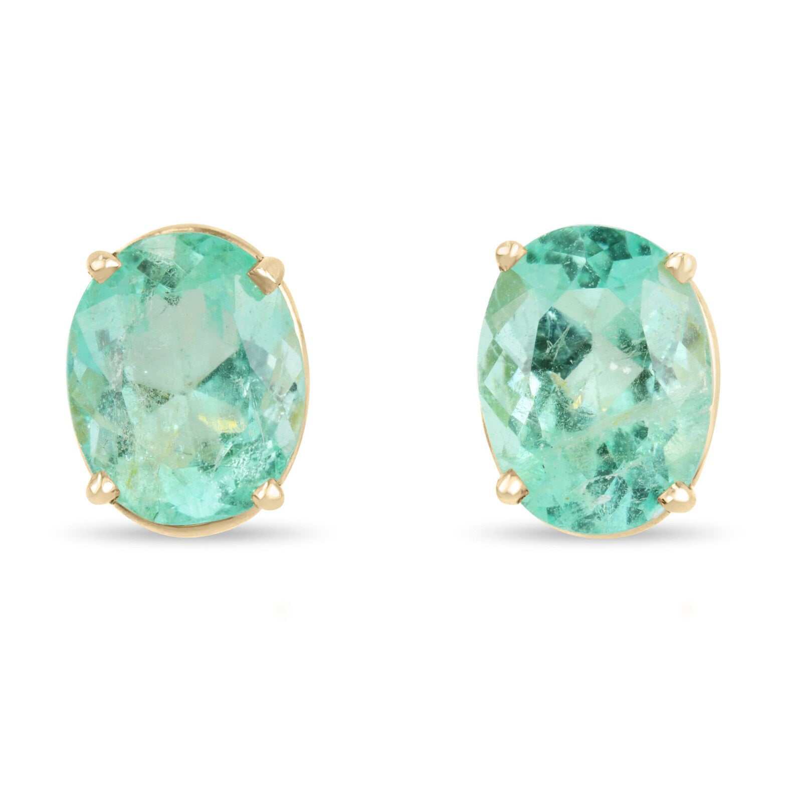 Pair of 3.0tcw bright green oval cut Colombian emerald earrings in 14K yellow gold four-prong settings