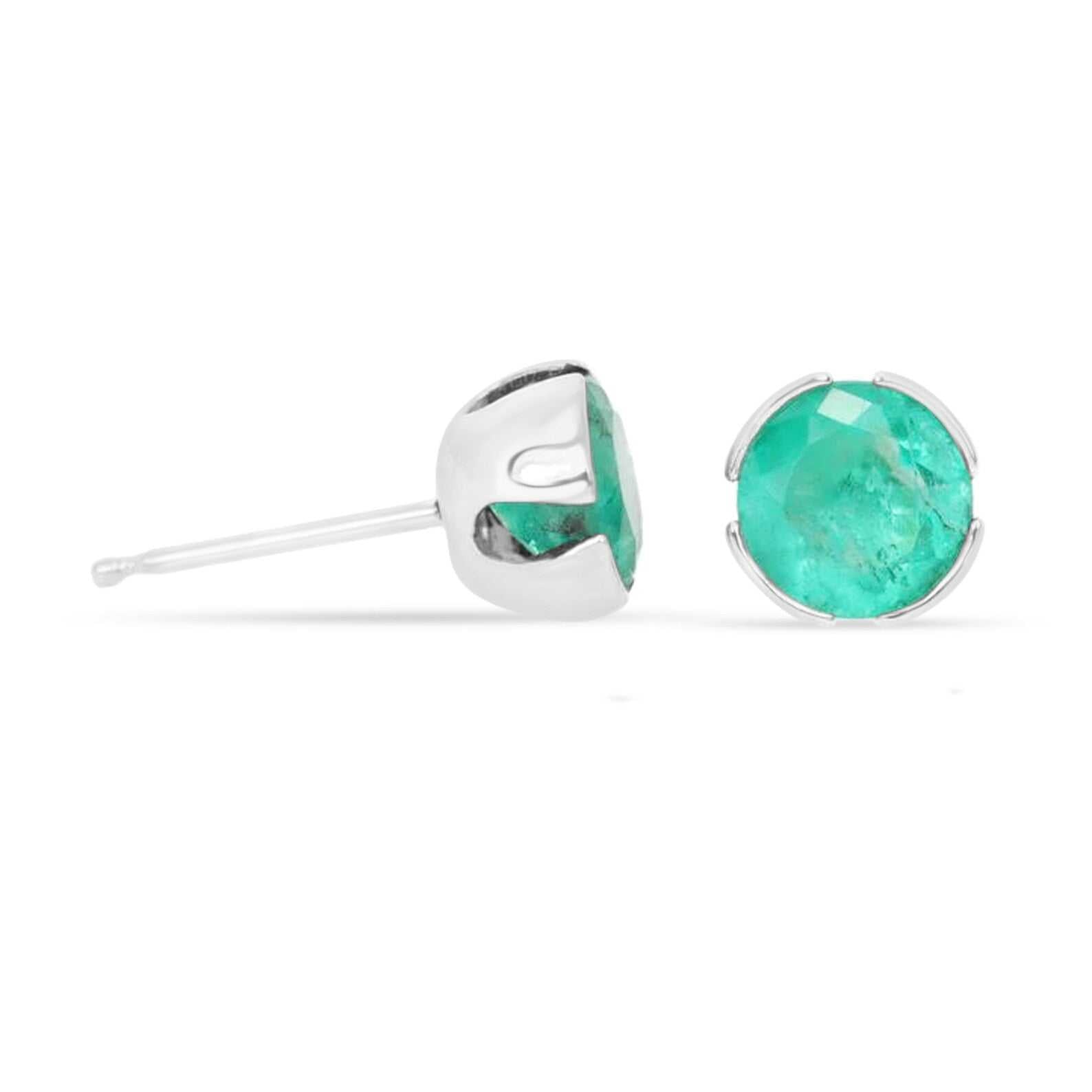 1.50tcw Rich Green Round Natural Emerald Silver Earrings Semi Bezel Studs