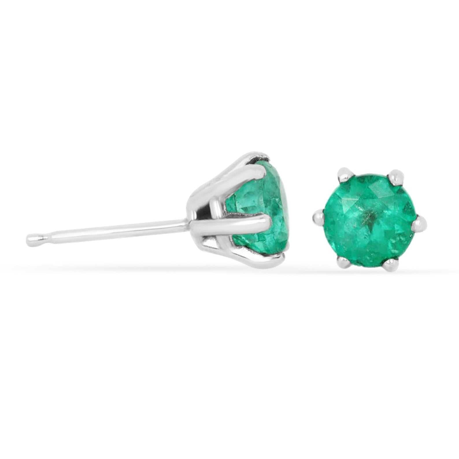 1.0tcw Six Prong Round Dark Green Emerald Stud Vintage Earrings 14K