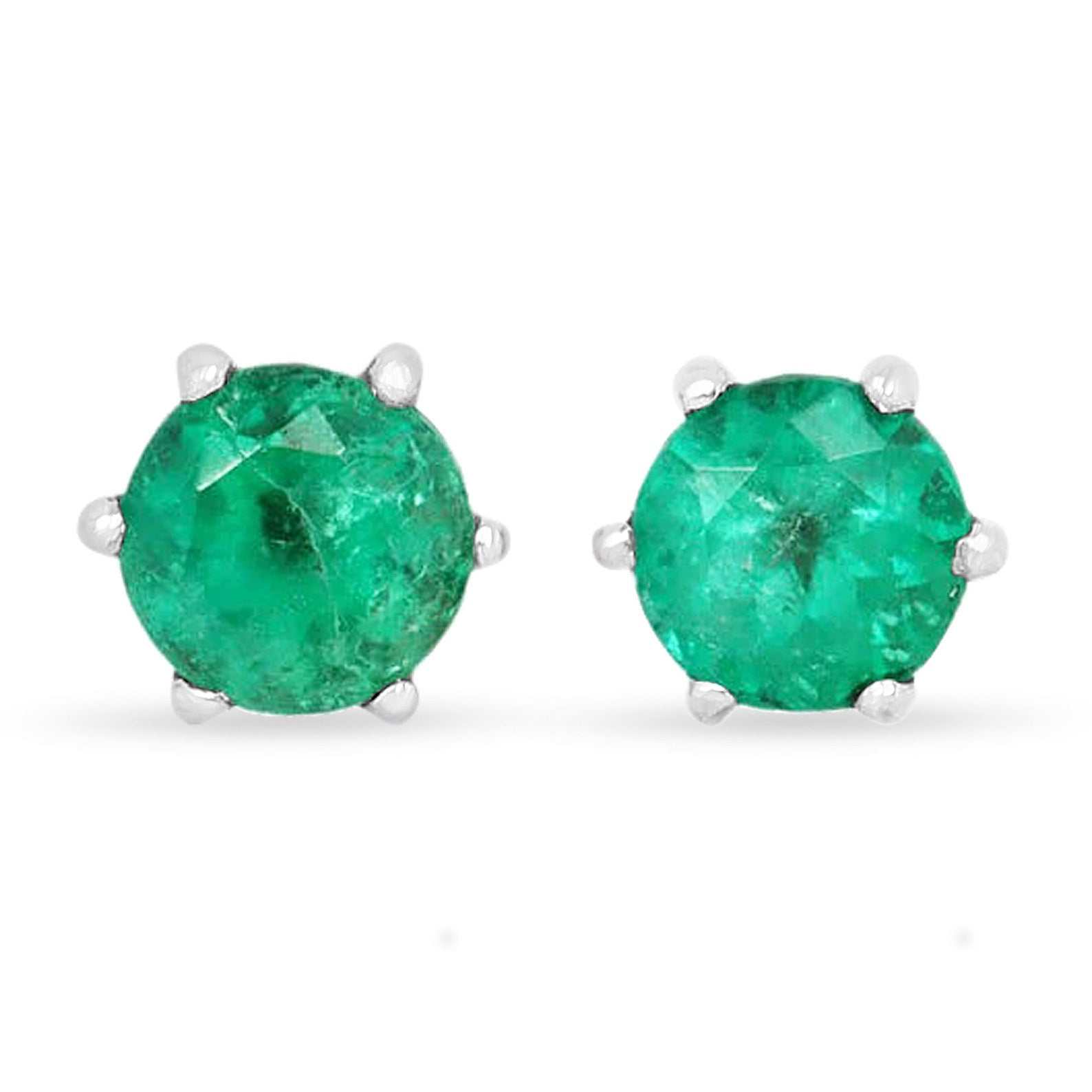 1.0tcw Six Prong Round Dark Green Emerald Stud Earrings 14K