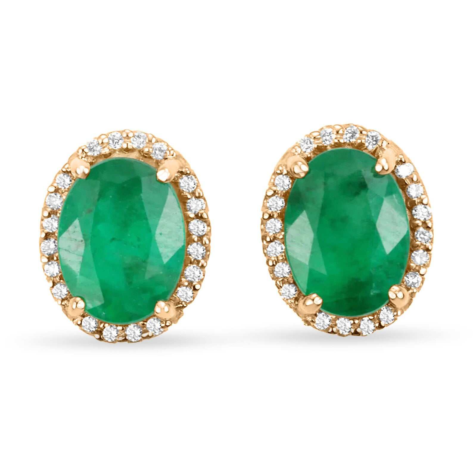 Oval cut emerald stud earrings with diamond halo set in 14K rose gold