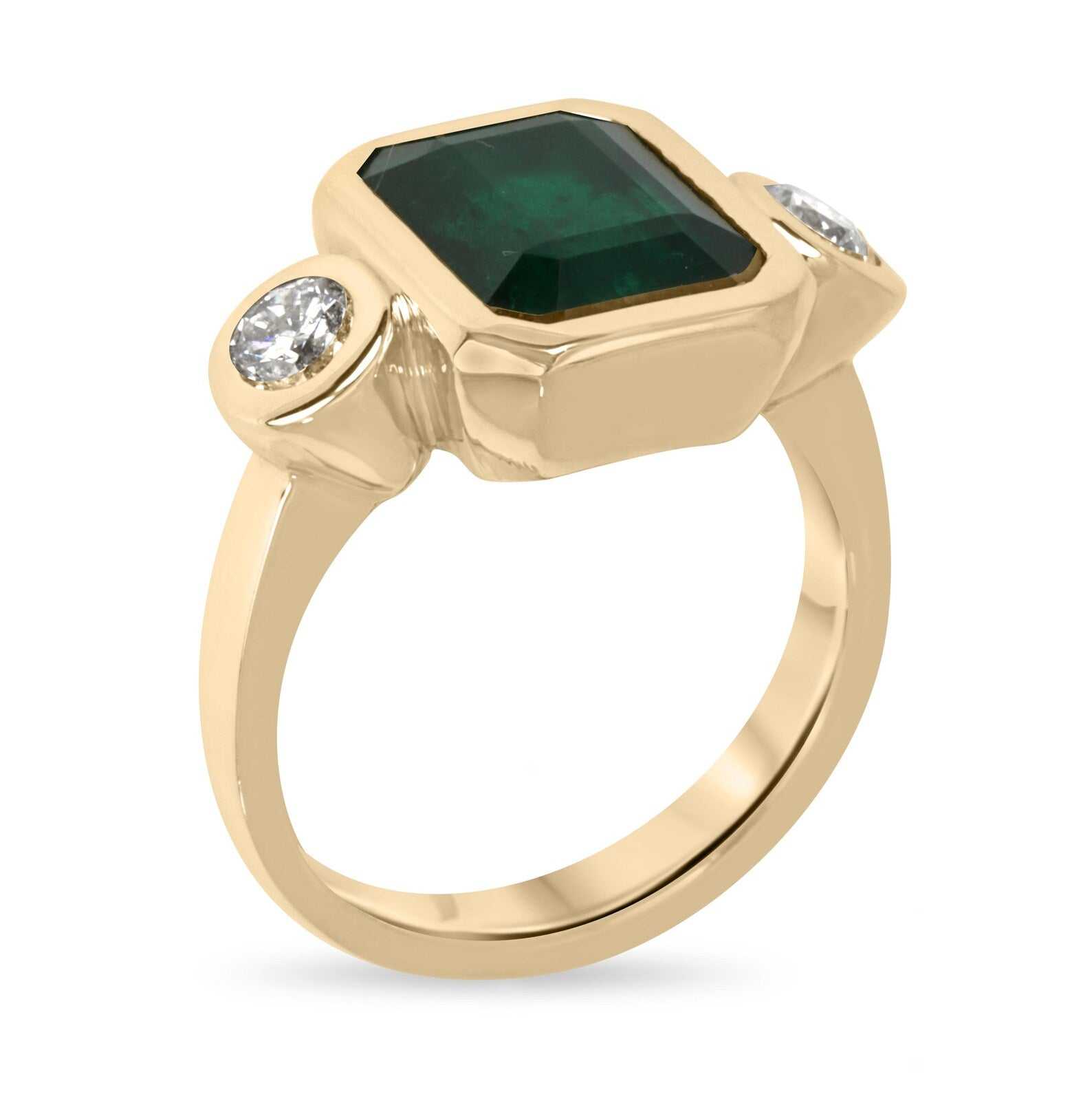 4.58tcw Bezel Set Natural Dark Emerald & Round Diamond 18K Three Stone Ring - JR Colombian Emeralds