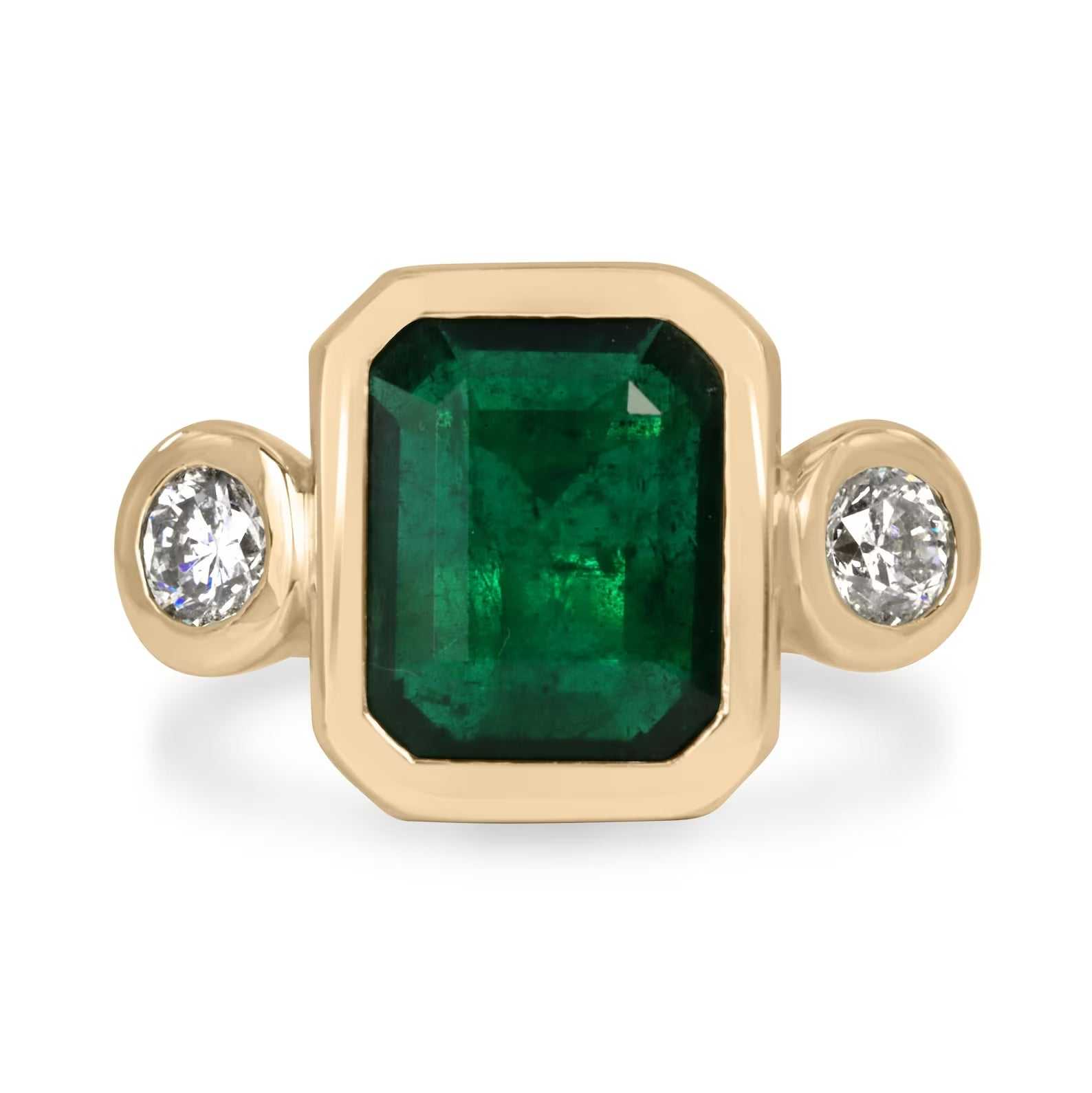4.58tcw Bezel Set Natural Dark Emerald & Round Diamond 18K Three Stone Ring - JR Colombian Emeralds