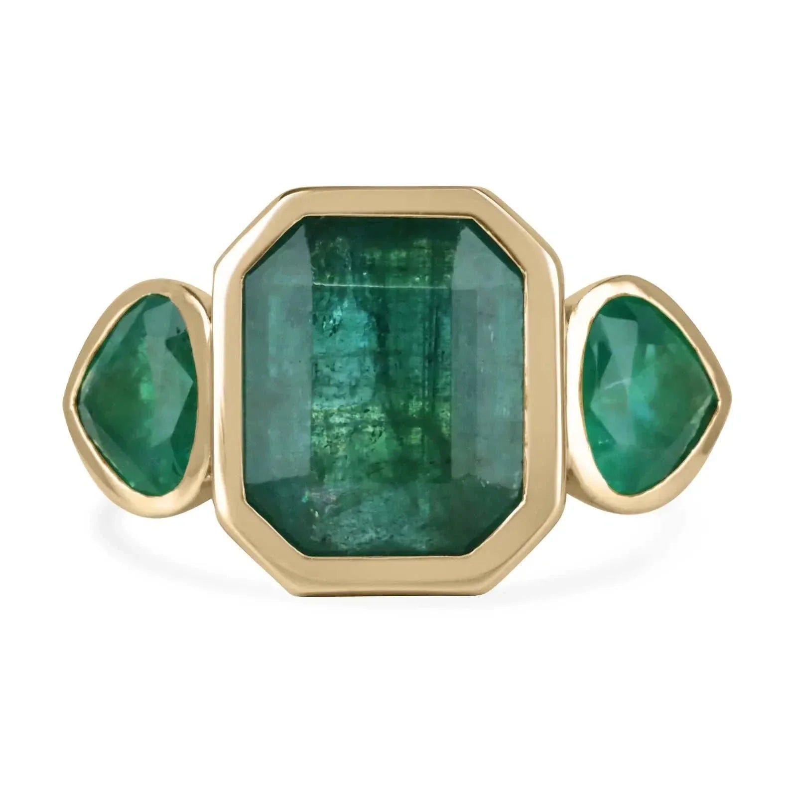 15.44tcw Emerald Cut Emerald and Pear Accents 3 Stone Bezel Ring 18K Gold