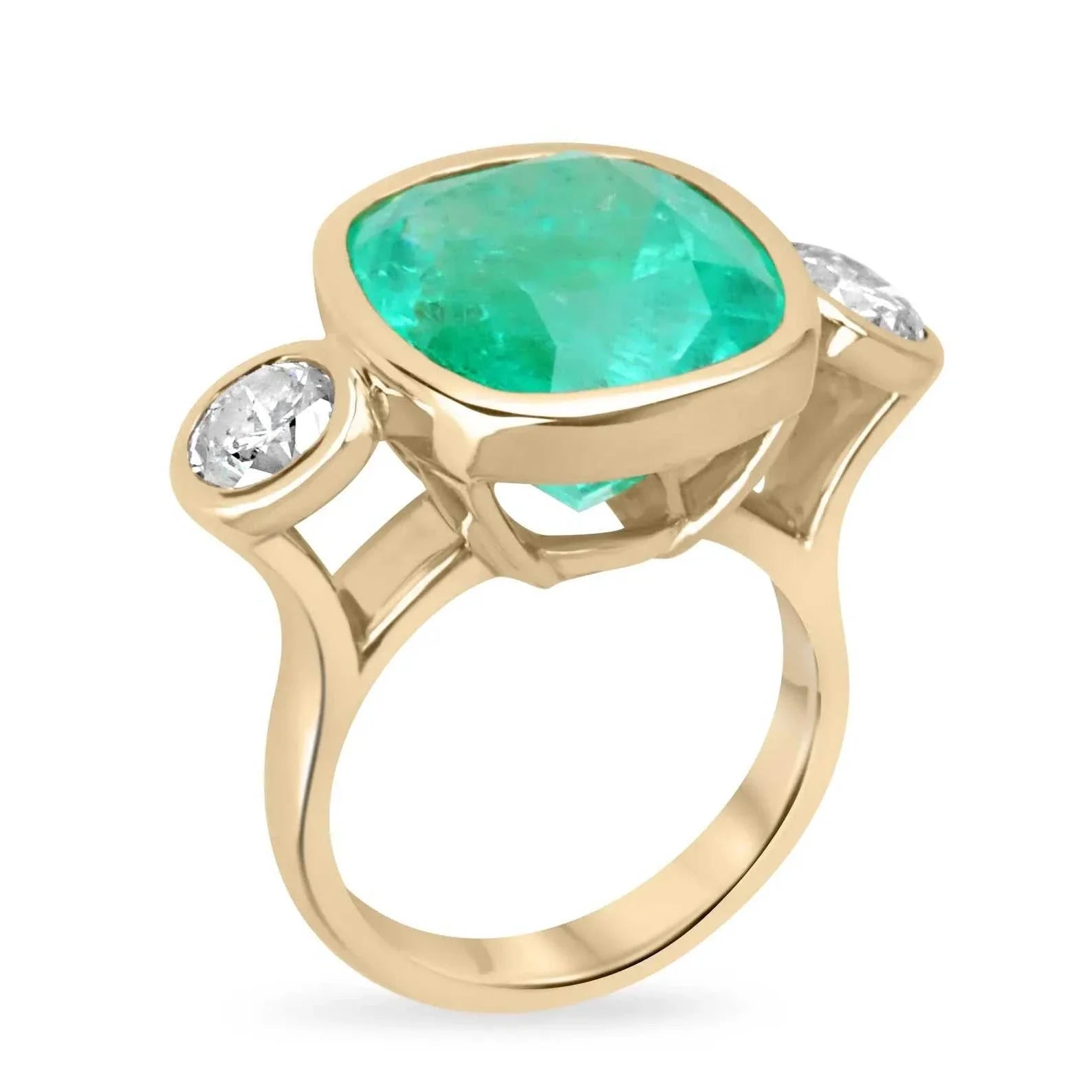 14.20tcw Colombian Emerald Cushion cut & Diamond Bezel Three Stone Statement Ring 18K