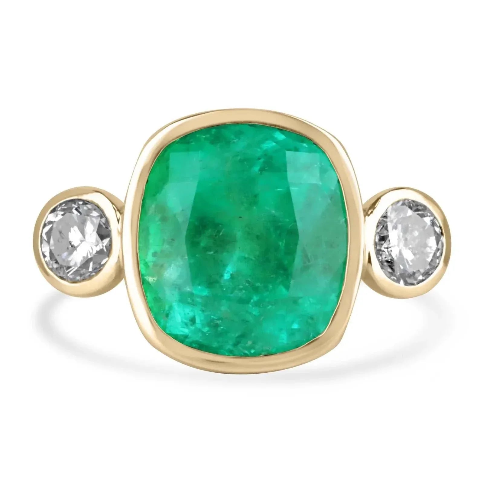 14.20tcw Colombian emerald cushion cut and diamond bezel three stone statement ring in 18K yellow gold.