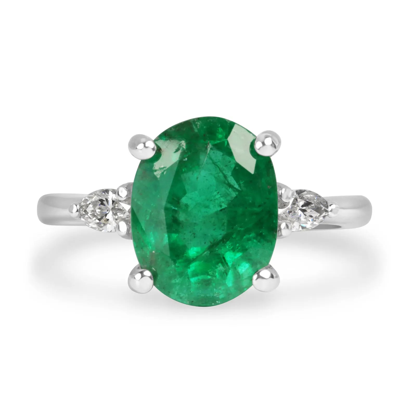 4.52tcw Vivid Green Natural Oval Emerald & Pear Diamond Three Stone Platinum Ring