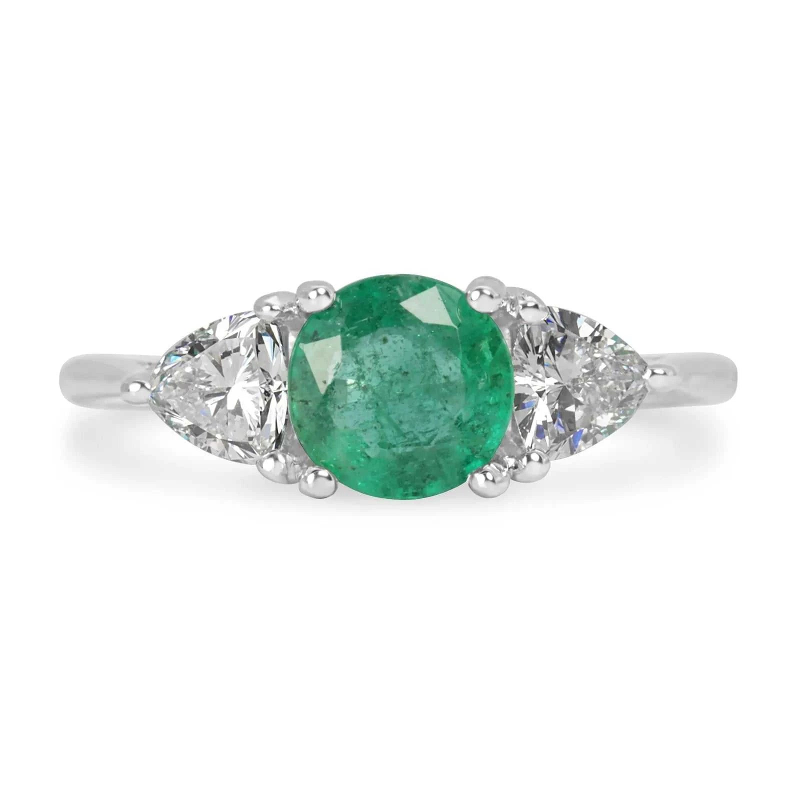 1.55tcw natural round emerald and trillion lab diamond three stone ring in 14K white gold