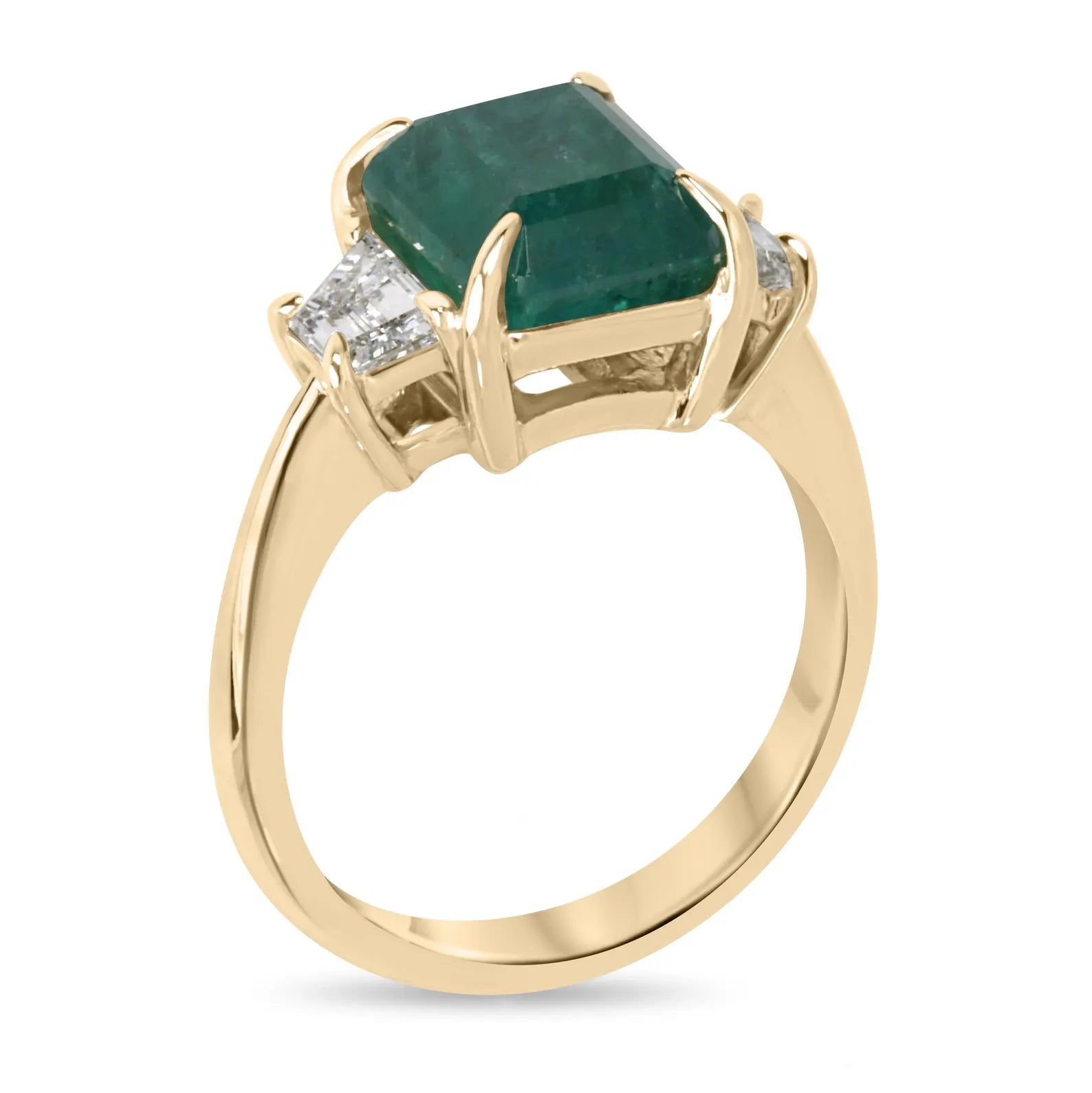 5.03tcw Natural Emerald & Trapezoid Lab Diamond Three Stone Ring 14K