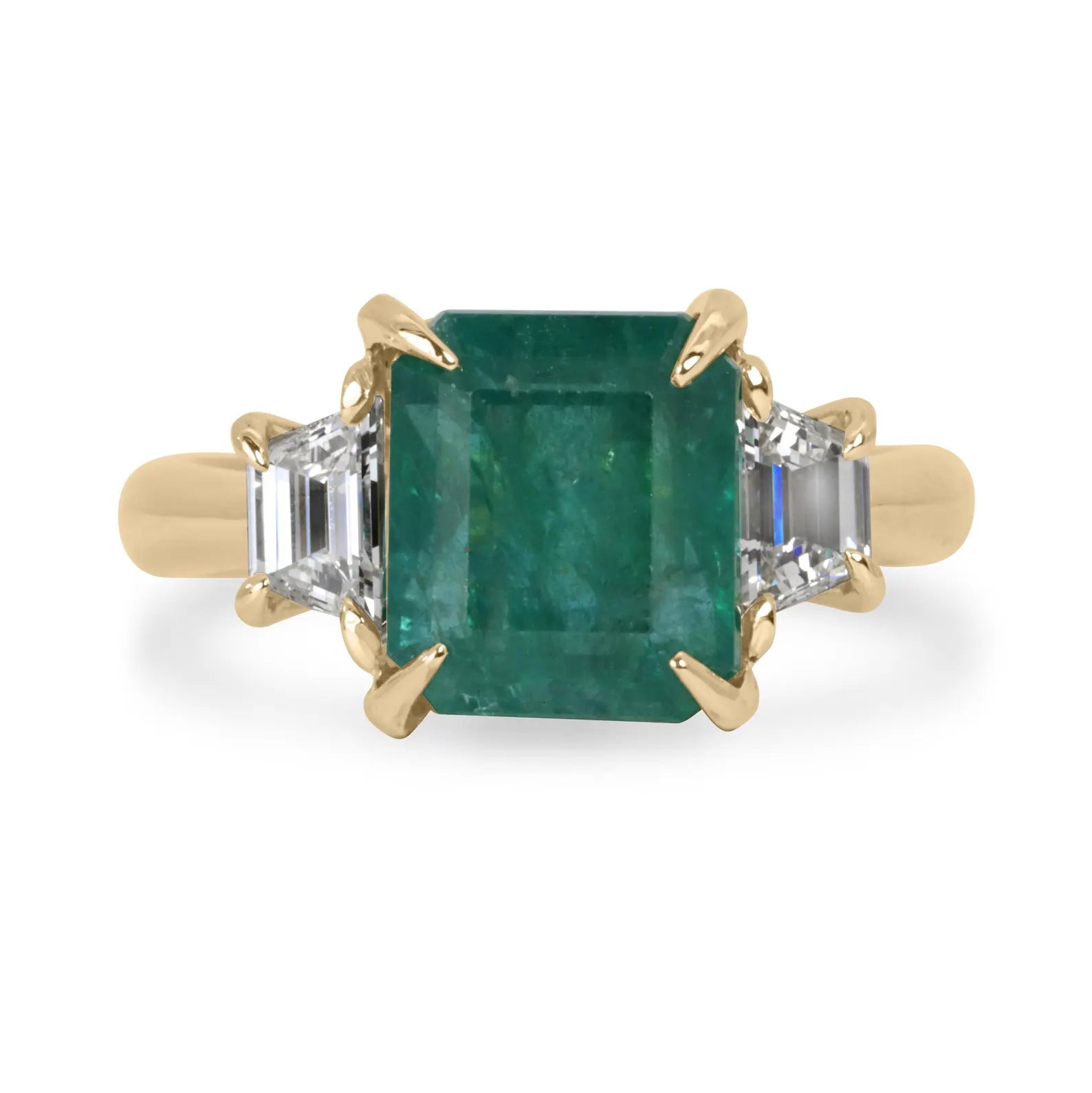 5.03tcw Natural Emerald & Trapezoid Lab Diamond Three Stone Ring 14K