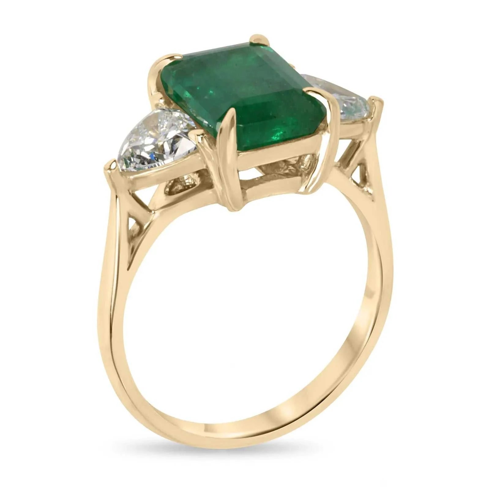 4.11tcw Natural Emerald & Lab Diamond Trillion Three Stone Ring 14K - JR Colombian Emeralds