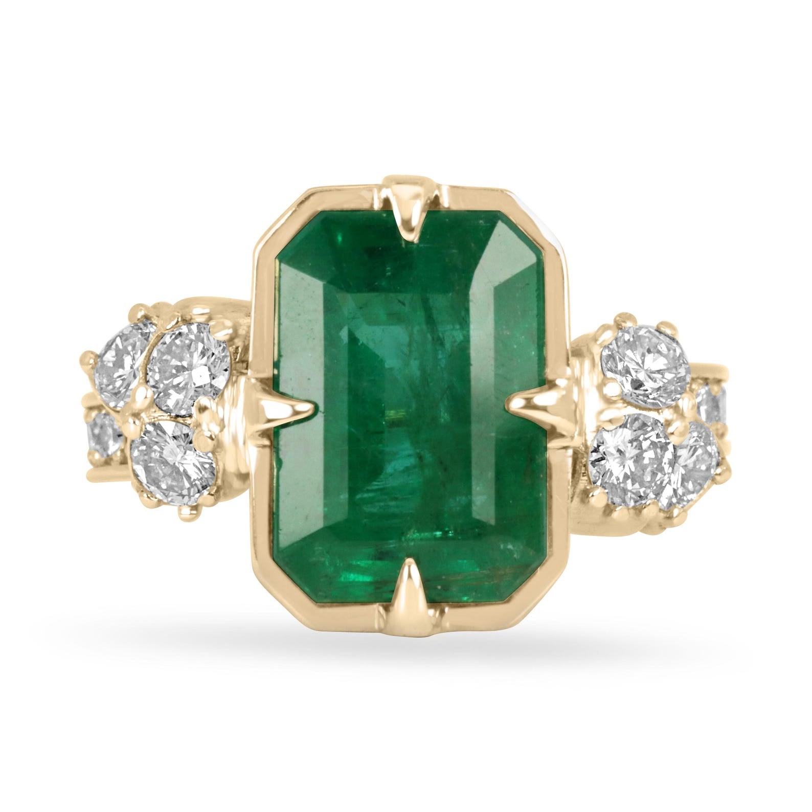 7.67ct 18K Compass Set Emerald Cut Emerald & Diamond Cluster Accent Right Hand Ring