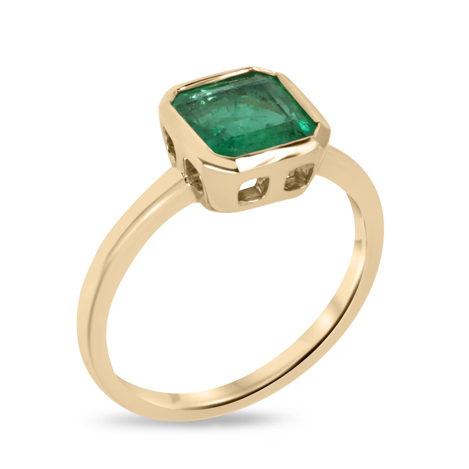 1.45 Carat Medium Green Asscher Cut Emerald Solitaire Bezel Set Ring 14K