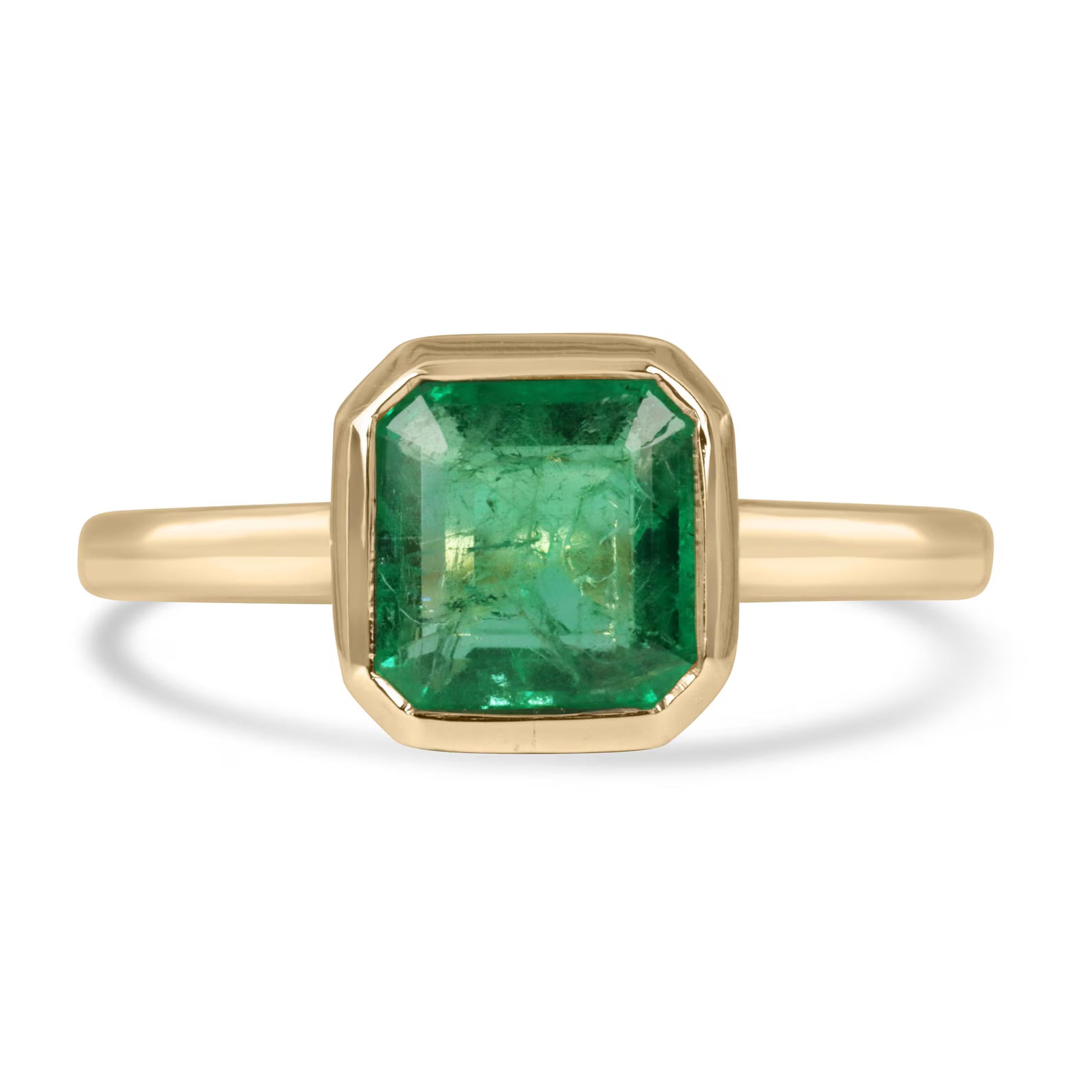 1.45ct medium green Asscher cut emerald bezel set in 14k yellow gold solitaire ring