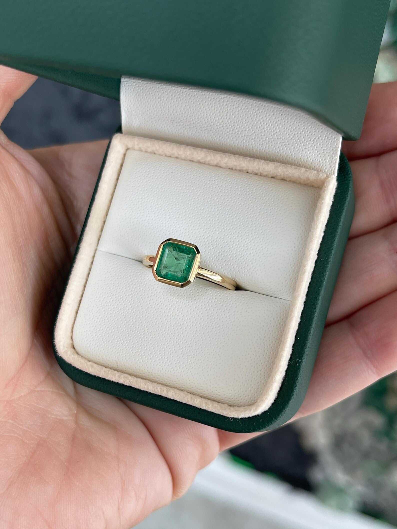 1.45ct Medium Green Asscher Cut Emerald Solitaire Bezel Set Gold Ring - JR Colombian Emeralds