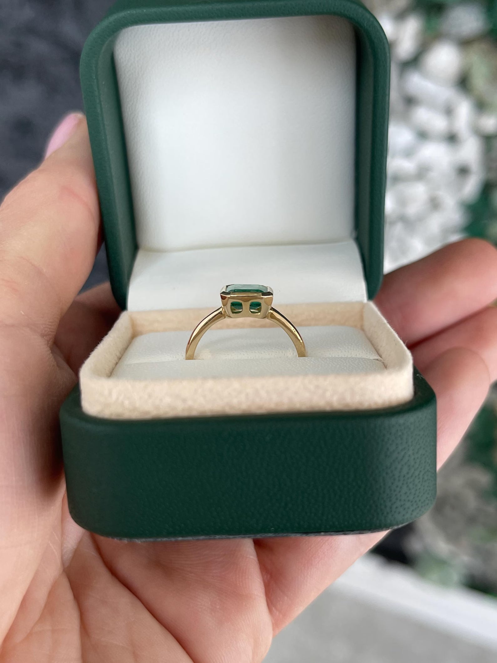 1.45 Carat Medium Green Asscher Cut Emerald Solitaire Bezel Set Ring 14K