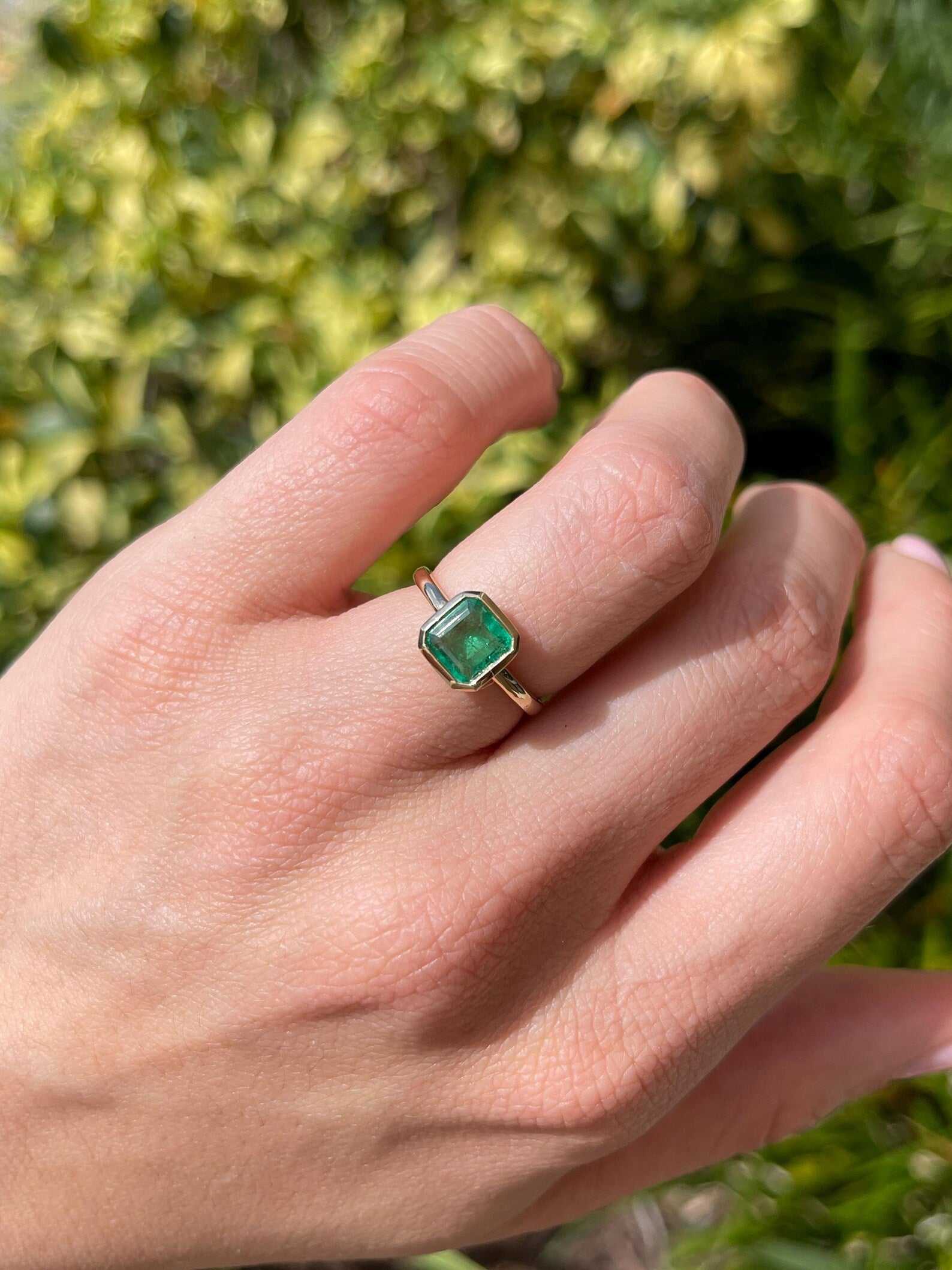 1.45ct Medium Green Asscher Cut Emerald Solitaire Bezel Set Gold Ring - JR Colombian Emeralds