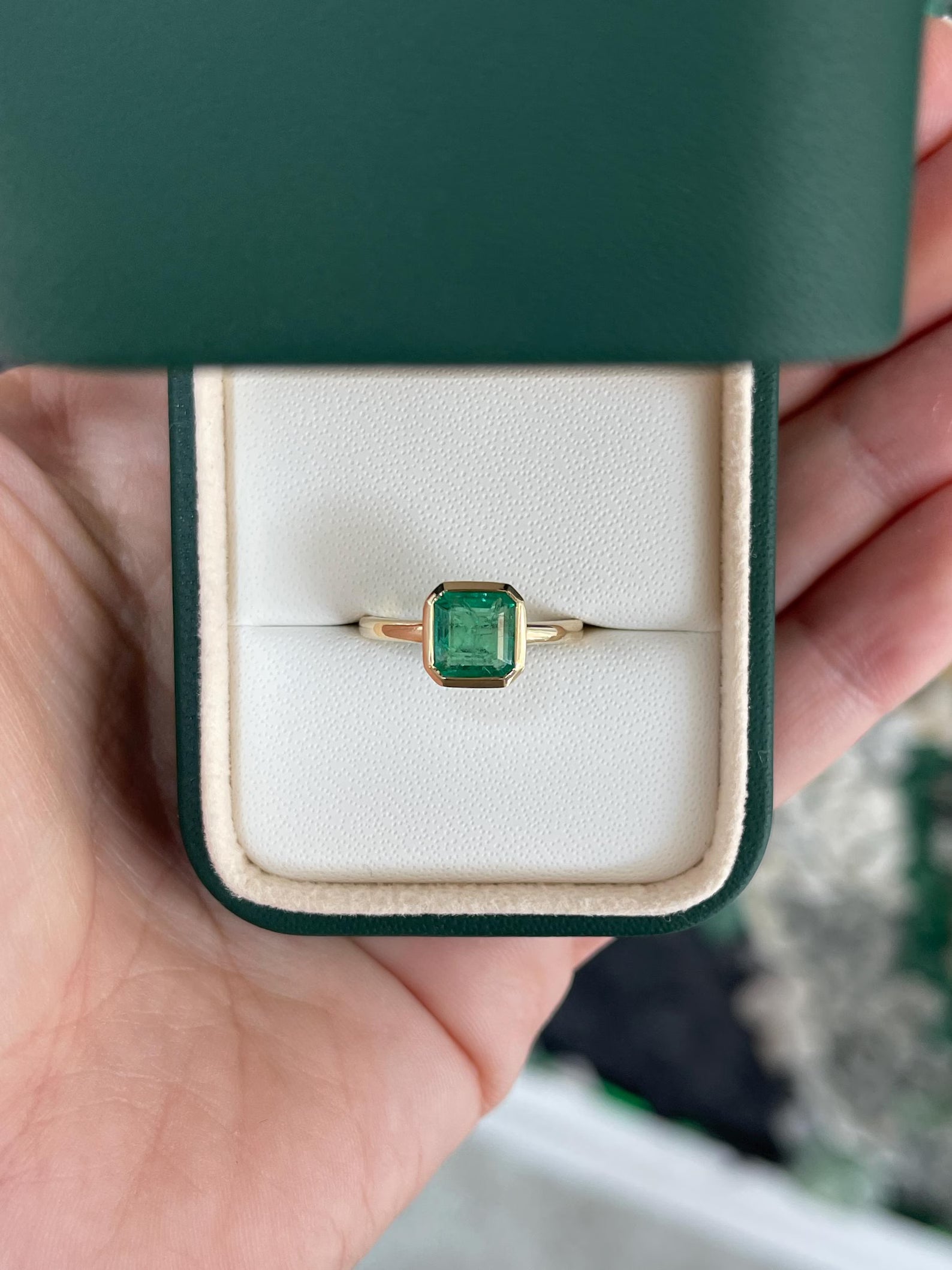1.45 Carat Medium Green Asscher Cut Emerald Solitaire Bezel Set Ring 14K