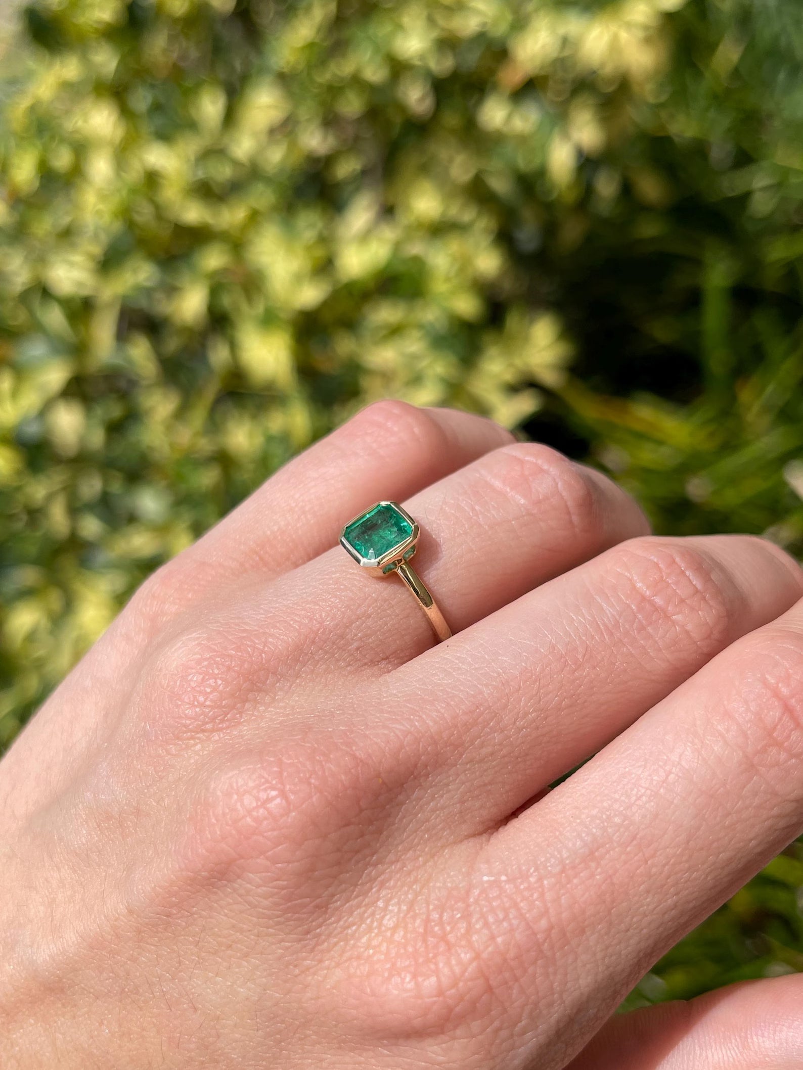 1.45 Carat Medium Green Asscher Cut Emerald Solitaire Bezel Set Ring 14K