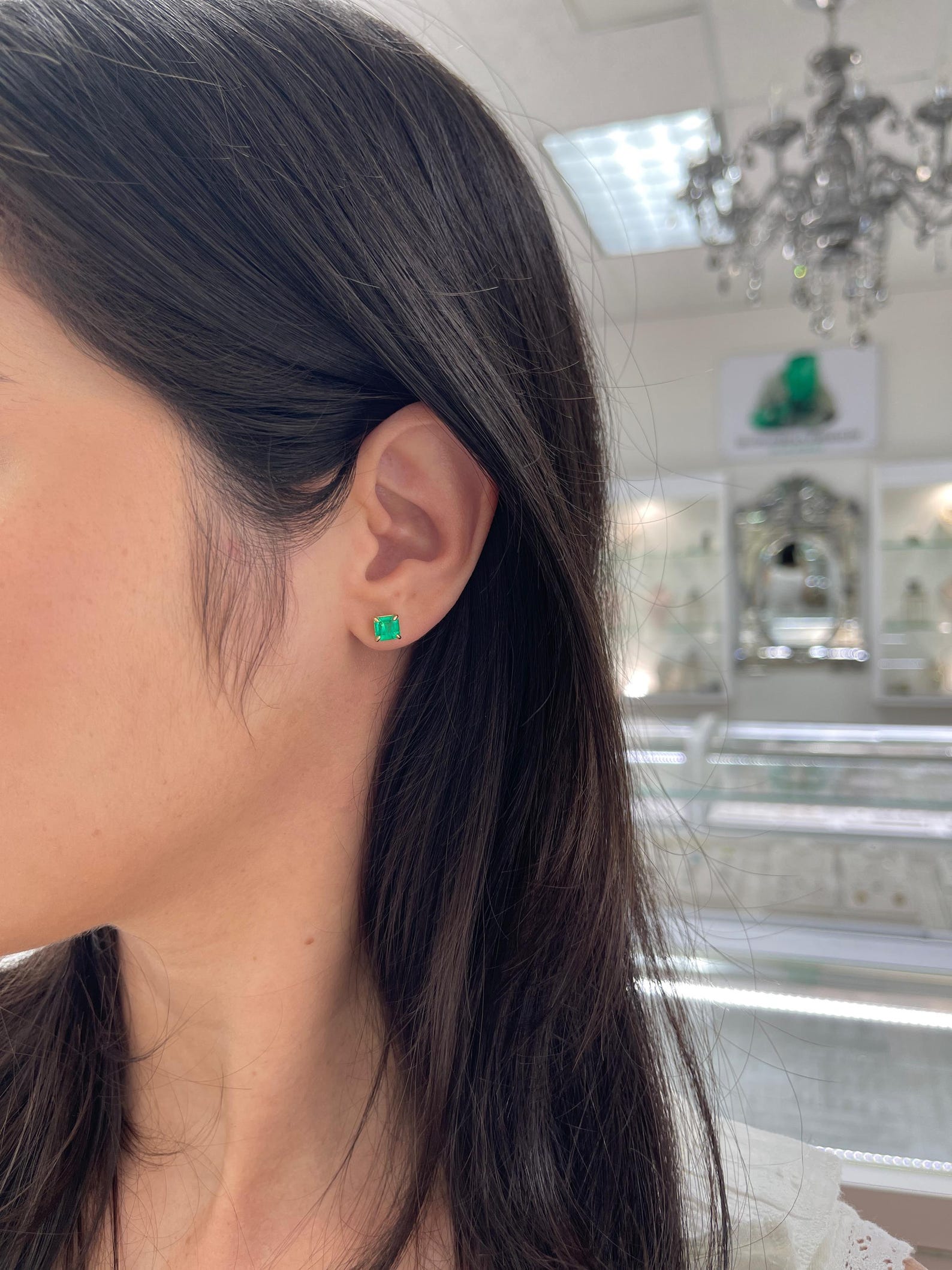 JR Colombian Emeralds 1.46tcw Muzo Green Asscher Cut Colombian Emerald stud earrings with four prongs.