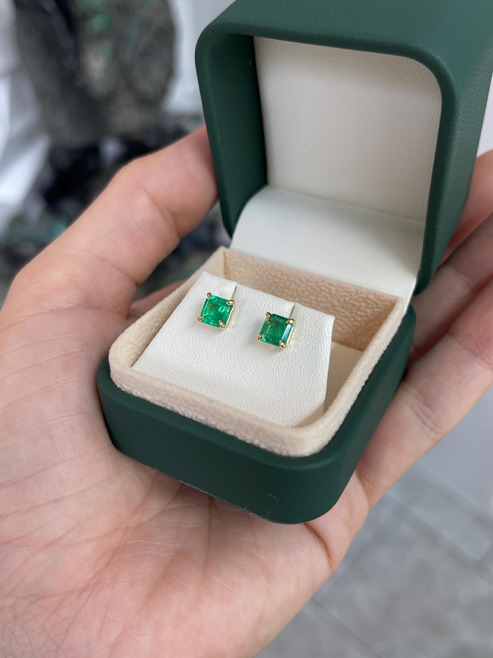 JR Colombian Emeralds 1.46tcw Muzo green Asscher cut Colombian emerald stud earrings with four prongs.