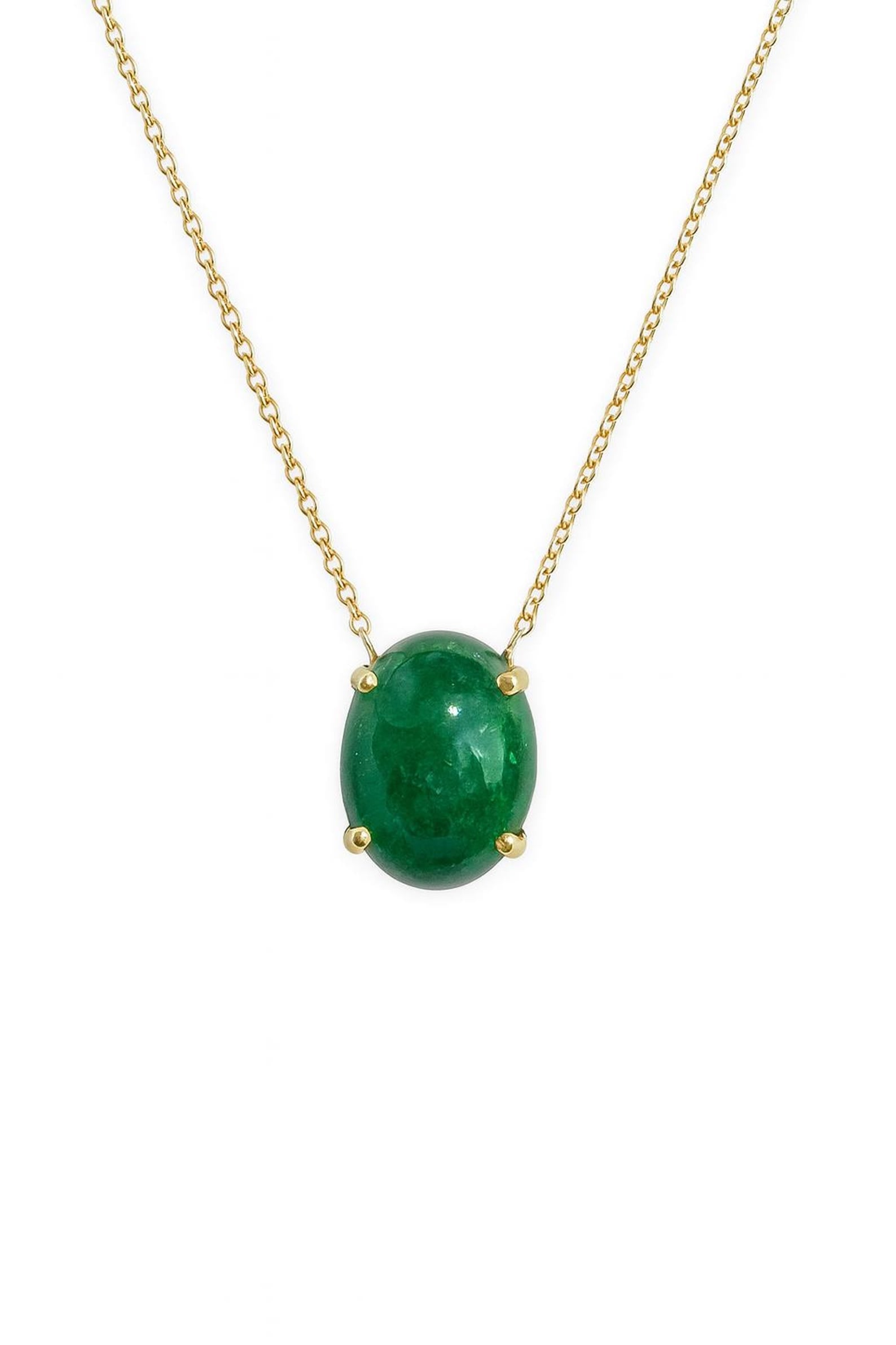 Zambian emerald cabochon pendant on a 14K gold necklace featuring prong station design, by JR Colombian Emeralds.