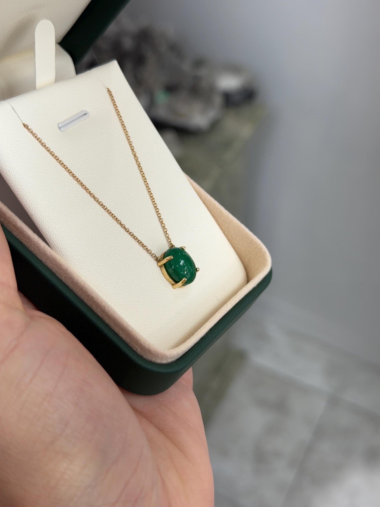 14K gold necklace with 5.50tcw Zambian emerald cabochon pendant on prong station, from JR Colombian Emeralds.