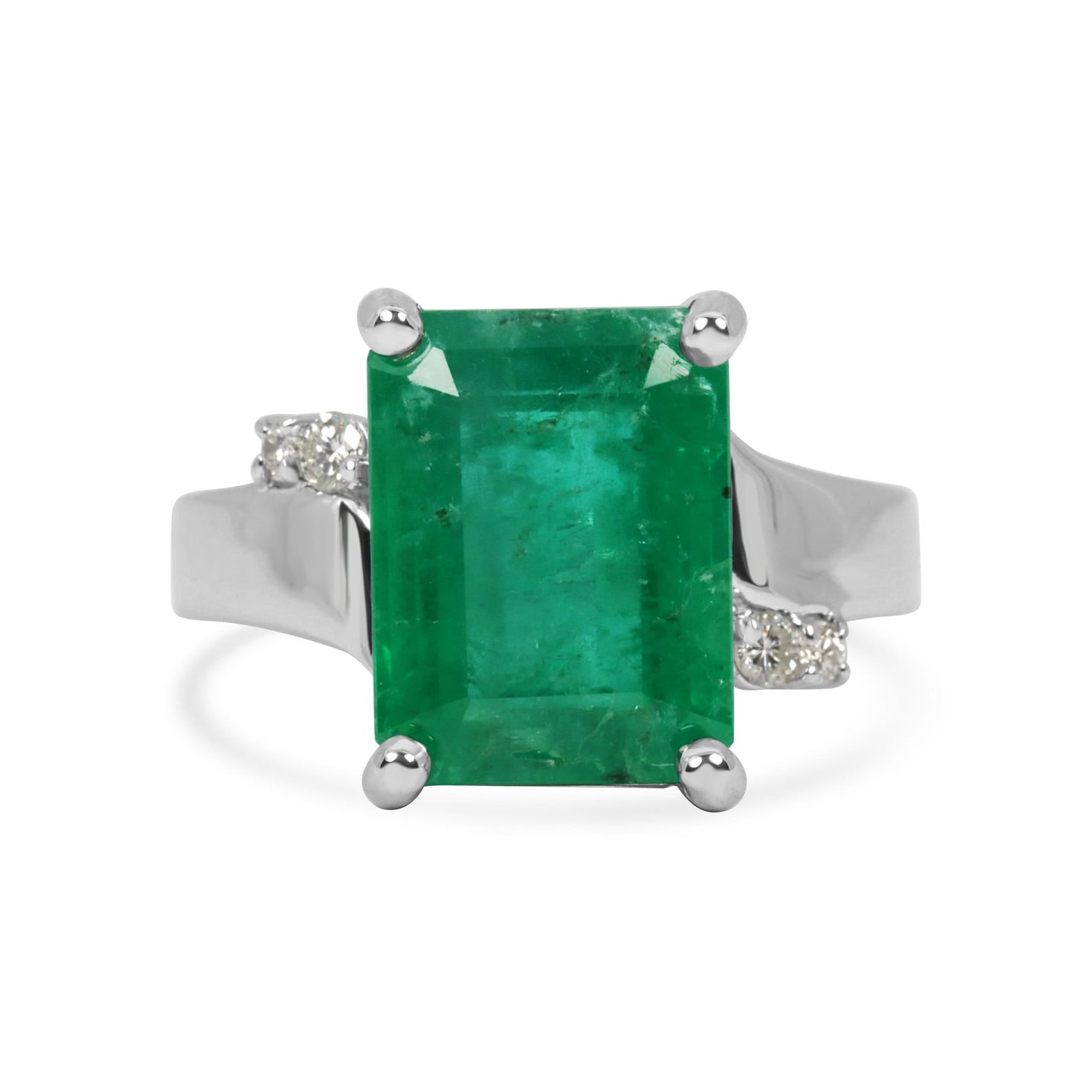7.98tcw 14K Natural Medium Dark Green Emerald Cut Emerald & Diamond Accent Right Hand Ring