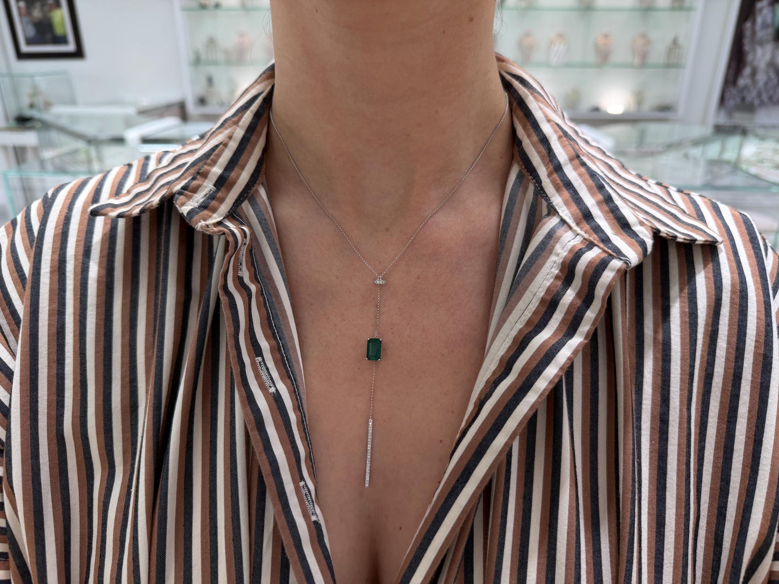 Natural emerald and diamond lariat necklace in 14K white gold featuring 3.25tcw of gemstones, from JR Colombian Emeralds.