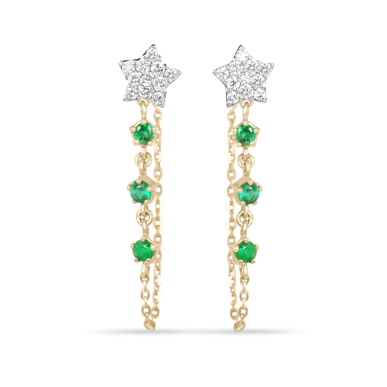 JR Colombian Emeralds 0.36 Carat diamond star dangle earrings in 14K gold with rich green emeralds and prong settings.