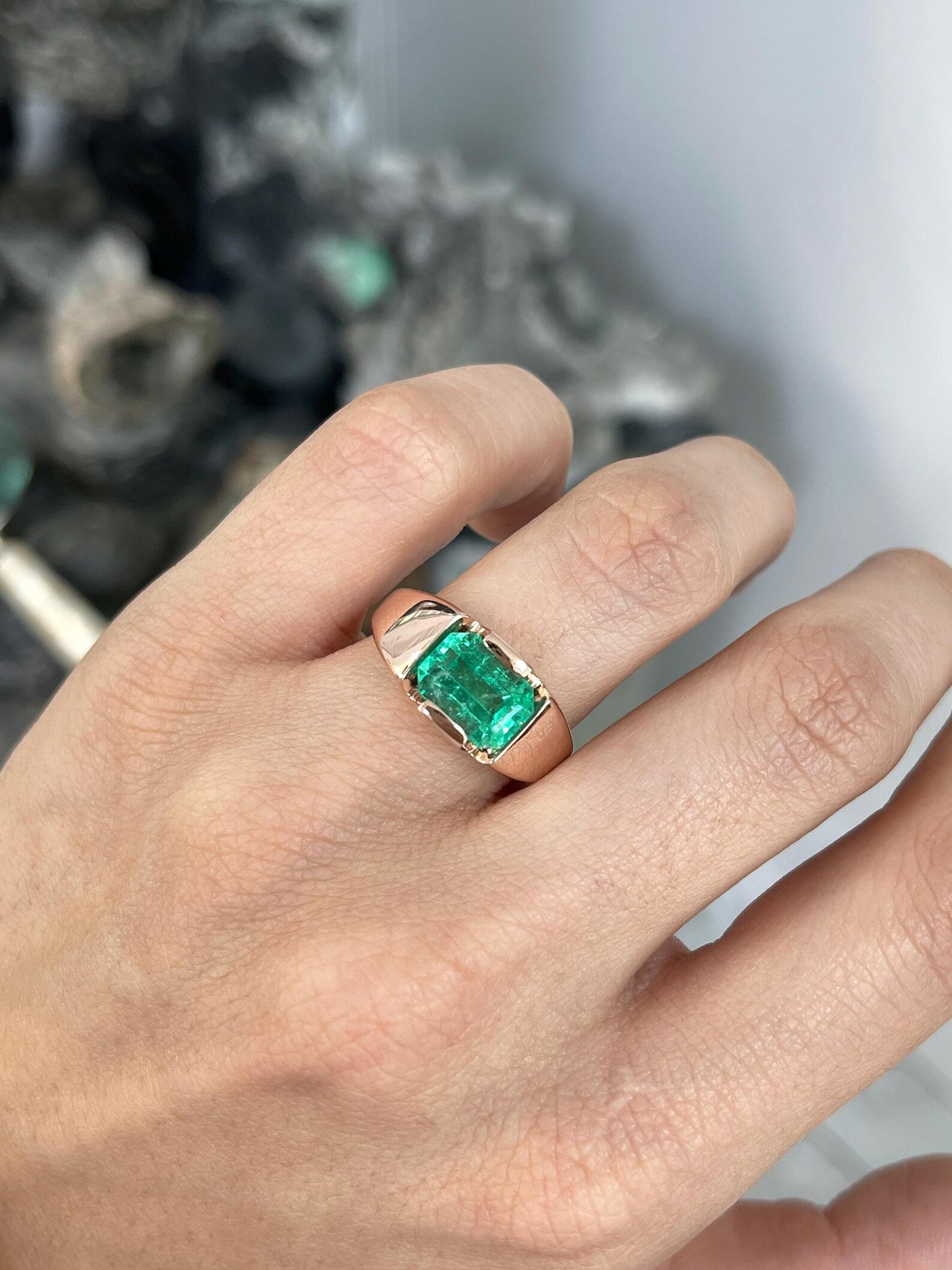 3.52 Carat Emerald Cut Green Colombian Emerald Tension Set Ring 14K