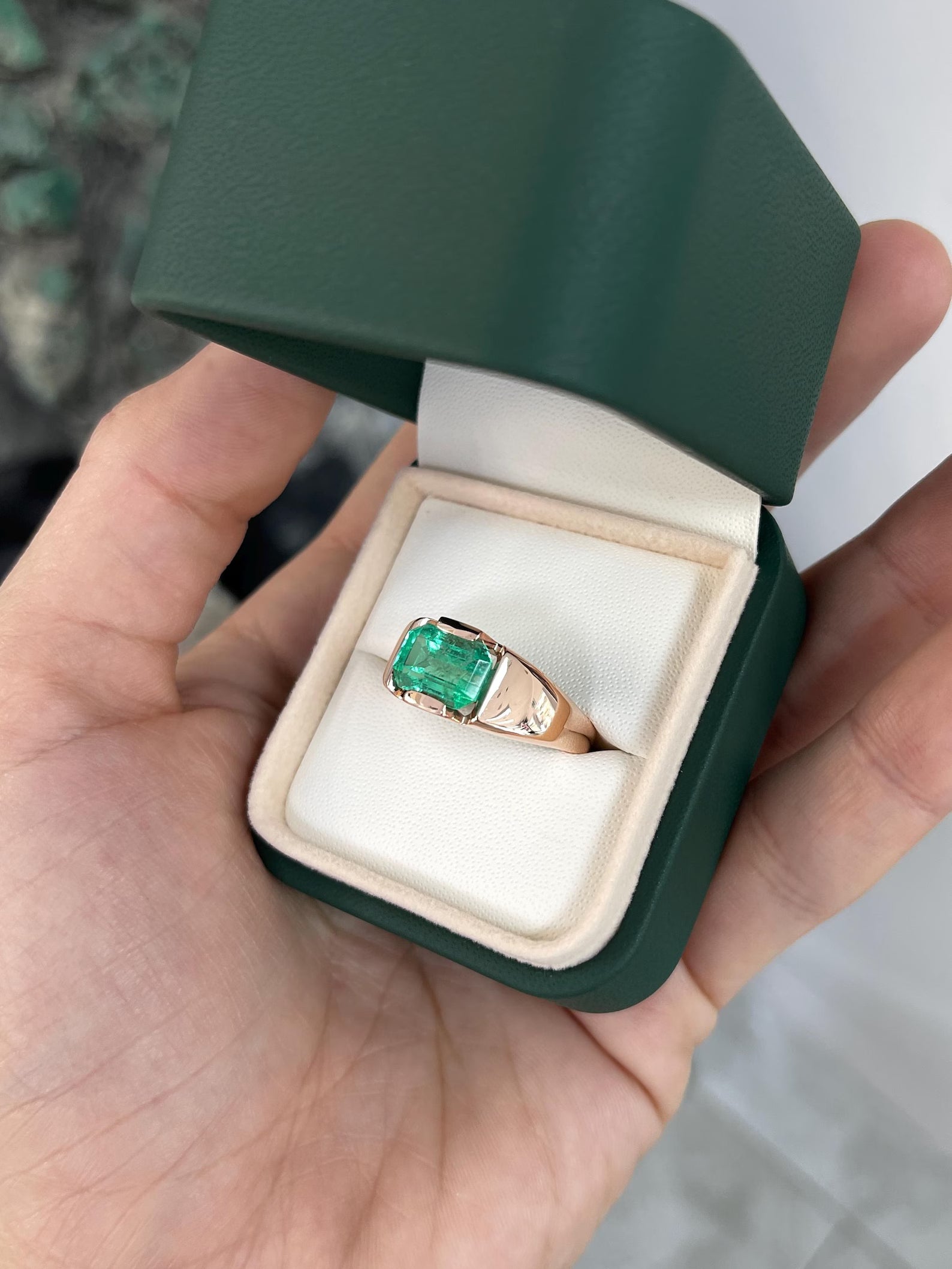 3.52 Carat Emerald Cut Green Colombian Emerald Tension Set Ring 14K