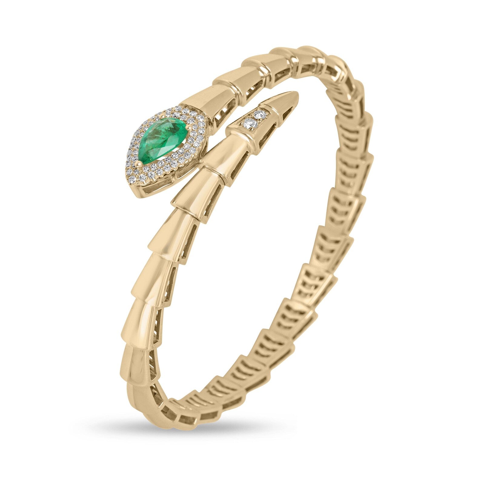 1.55tcw 14K Vivid Green Pear Emerald & Diamond Serpent Bangle Bracelet