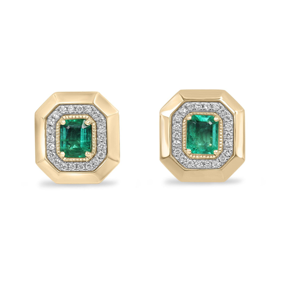1.94tcw 14K XL Natural Emerald Cut Emerald & Diamond Halo Stud Earrings Two Toned
