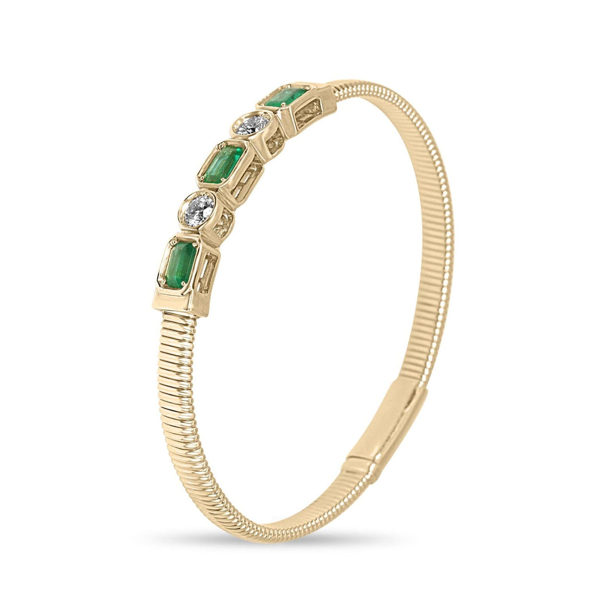 JR Colombian Emeralds 14K emerald cut emerald and round diamond alternating bangle bracelet, 2.30 tcw