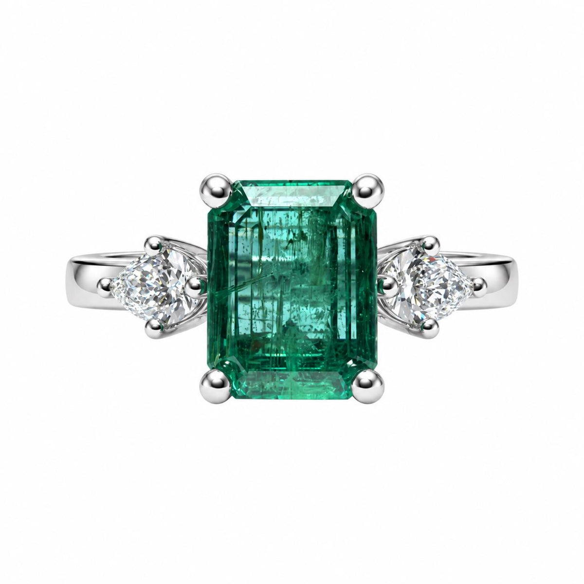2.51tcw 14K Bluish Green Emerald Cut Emerald & Lab Diamond Pear Three Stone Ring