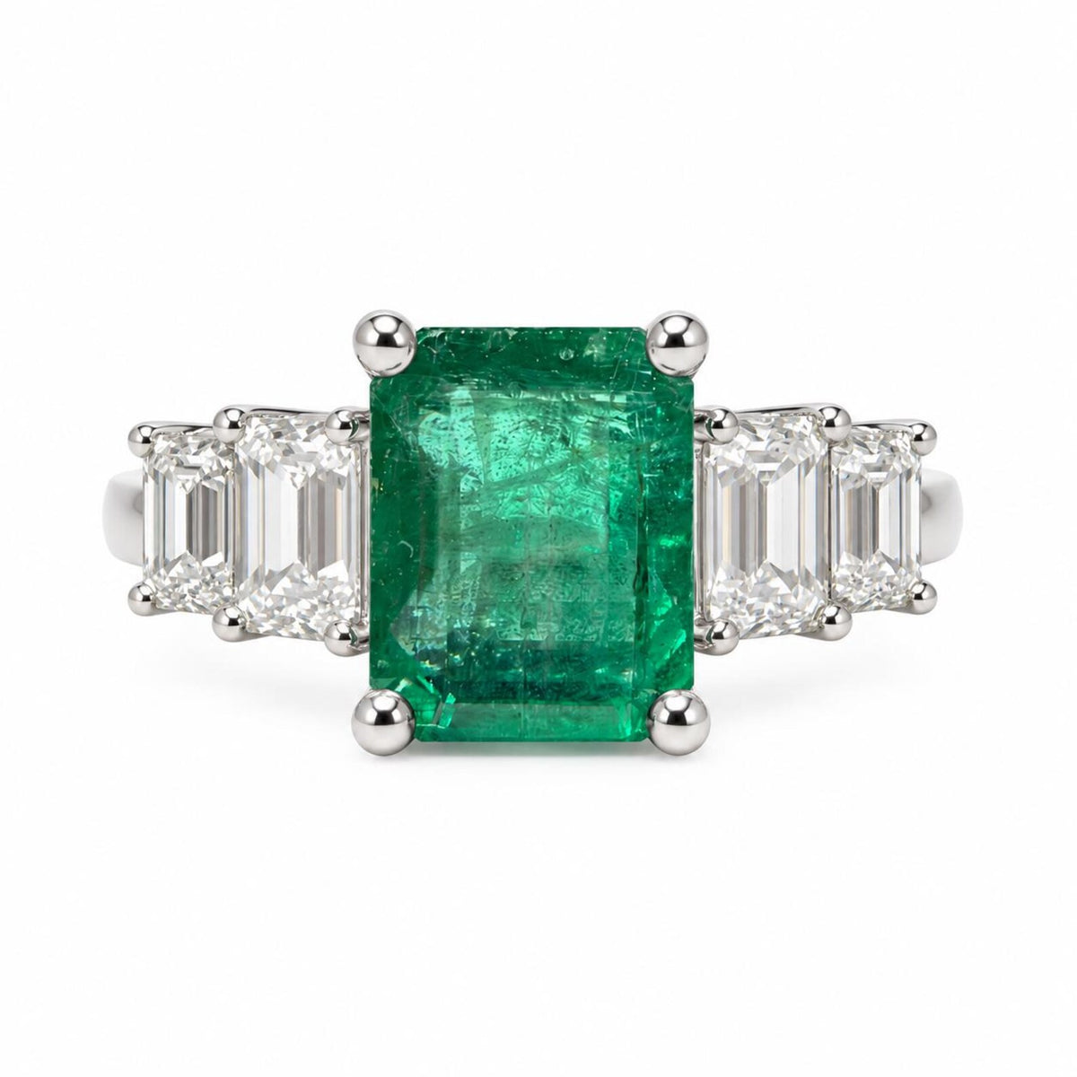 4.03tcw Natural Emerald & Emerald Cut Diamond Five Stone Engagement Ring 14K White Gold