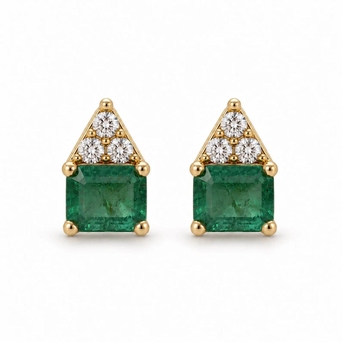 14K gold petite emerald and diamond trio stud earrings featuring 0.48 carats total weight from JR Colombian Emeralds