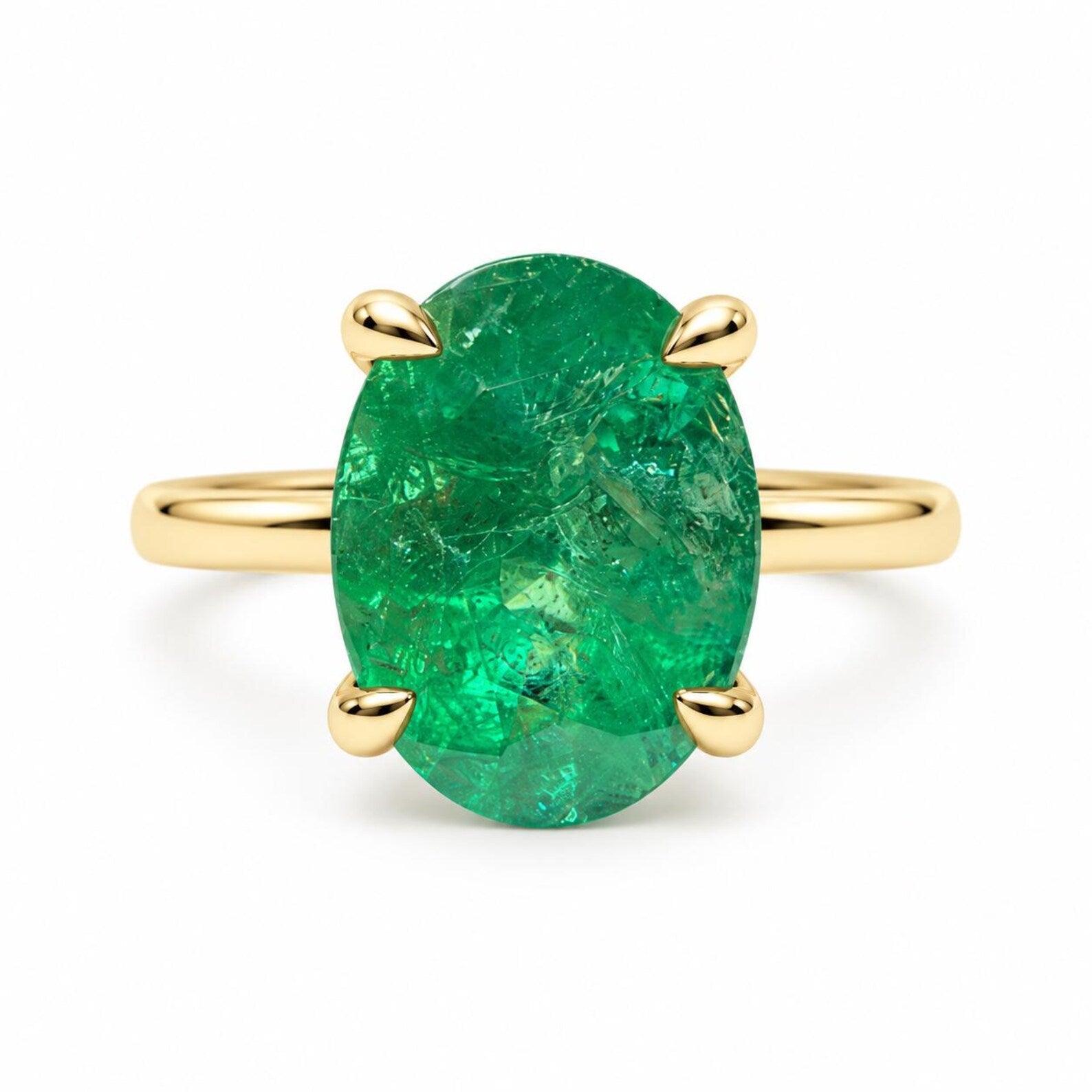 2.37ct 14K Natural Medium Green Oval Solitaire Four Prong Ring