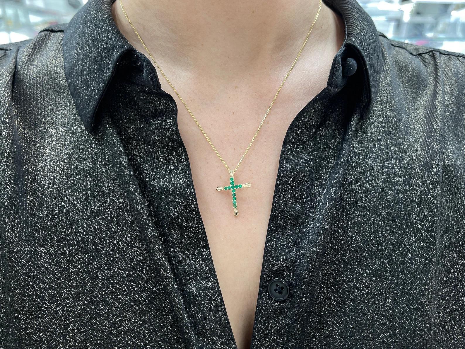 0.95tcw Colombian Emerald Rich Green Round Cut Prong Cross Pendant 18K