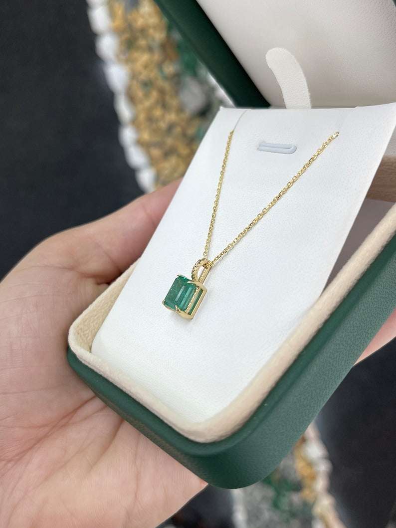 2.40ct 14K Bluish Green Solitaire Emerald Rope Scroll Four Prong Pendant Necklace
